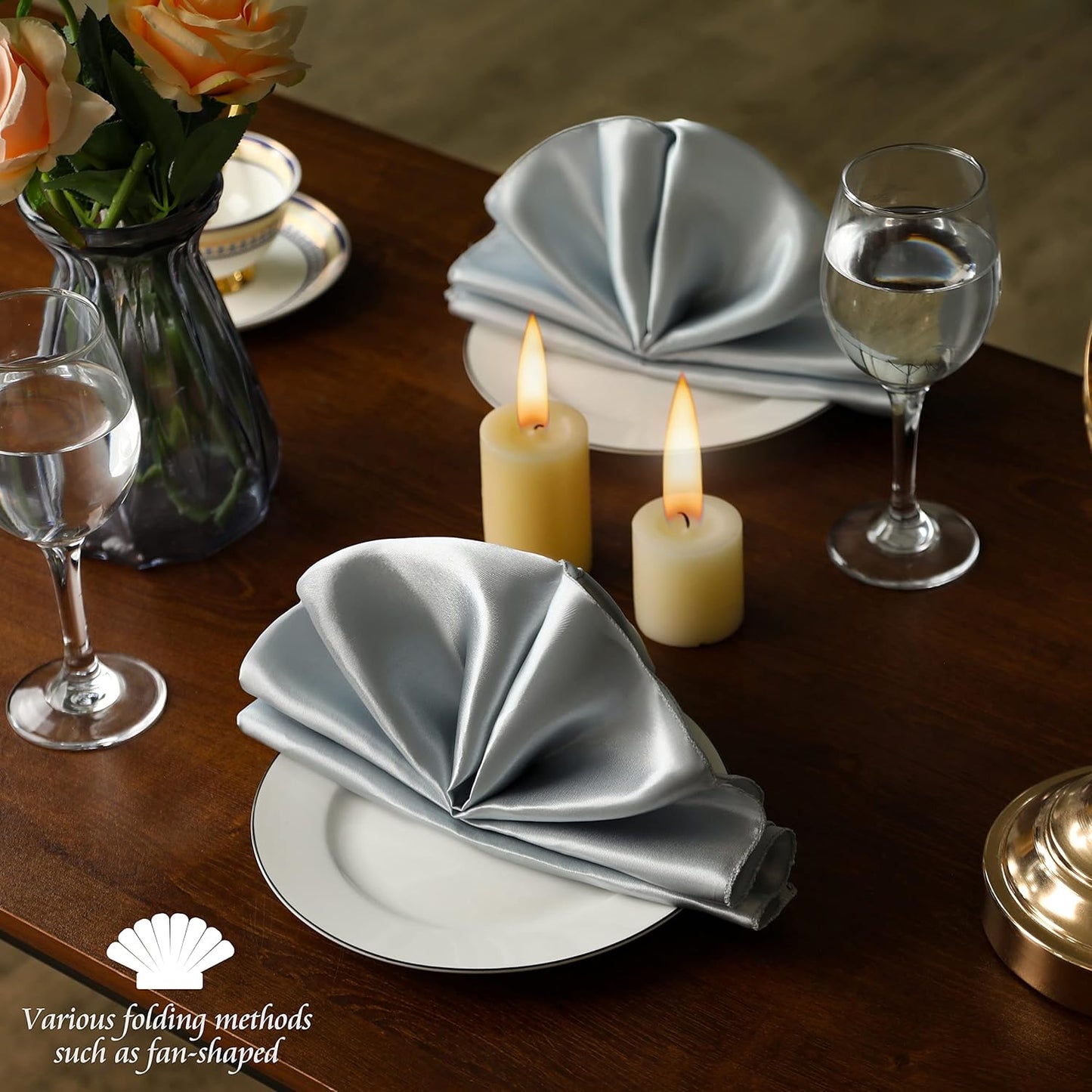 Manyshofu 50 Pieces Silver Satin Napkins - 12x12 Inches Cloth Napkins, Square Satin Fabric Napkin Set - Elegant & Smooth Table Napkins for Wedding Dinner Party Lunch Banquet Decoration