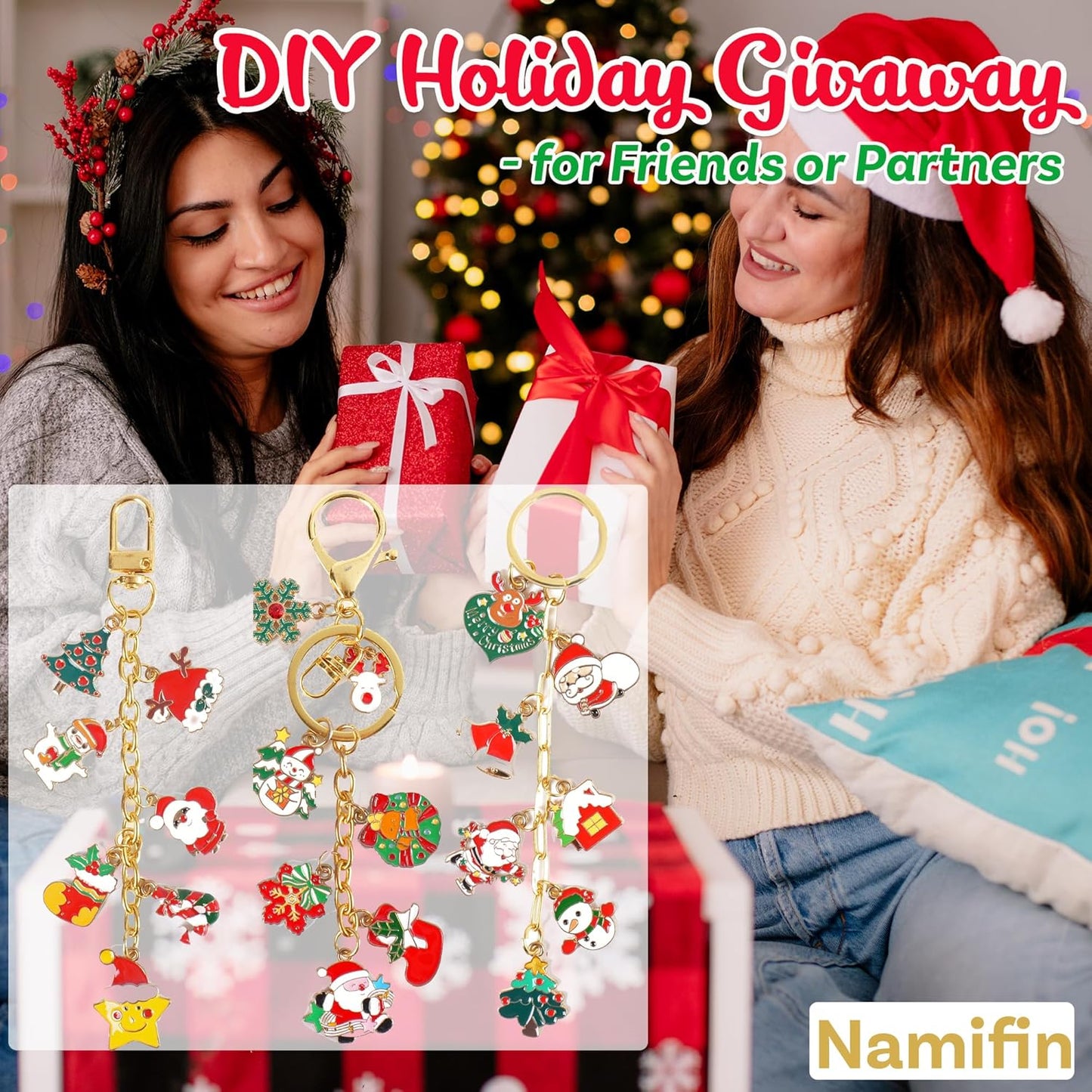 Namifin 374 Pcs Christmas Keychain Making Kit with Charms & Keychain Clips - DIY Bag Charms, Pearl Keychains, Photo Keychains, Personalized Gifts for Friends Small Business