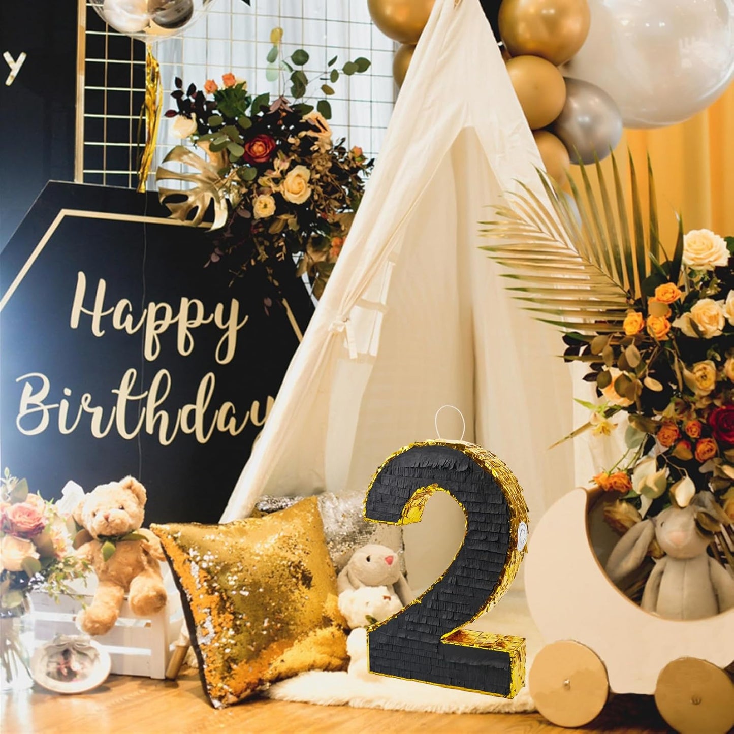 PCFING 20 Inch Number 2 Piñata Gold Black with 30 Inch Piñata Stick Blindfold Confetti for Man Women Boys Girls Birthday Party Decorations, Anniversary Celebration, Fiesta