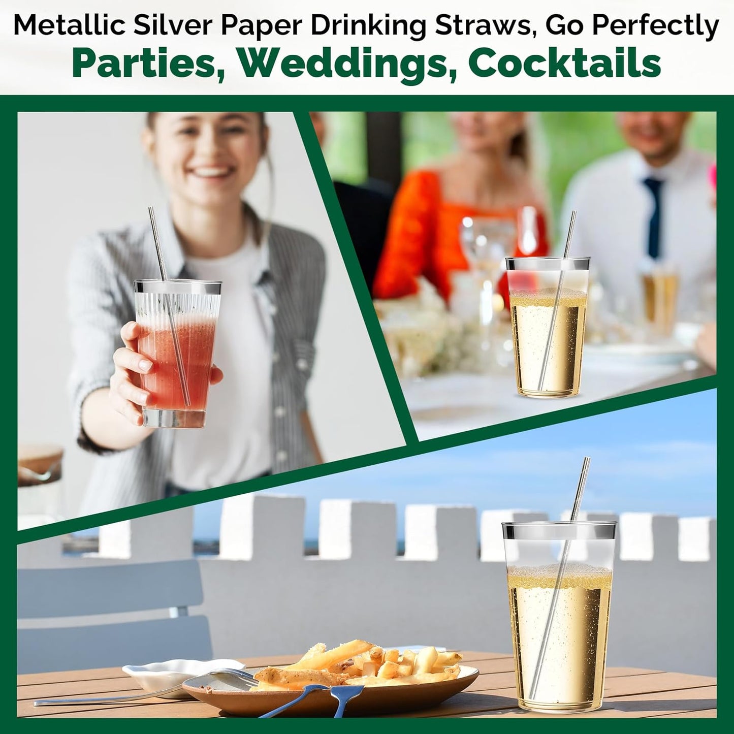 7.75 inch Disposable Silver Paper Straws 1000 Counts - for Drinking, Cocktail, Bar, Restaurant, Party, Wedding