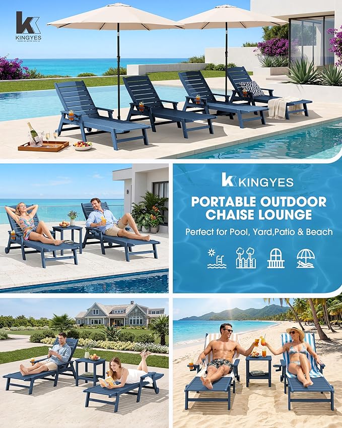 KINGYES HDPE Lounge Chair Outdoor Set of 2, Patio Chaise Lounge Recliner - Image 8