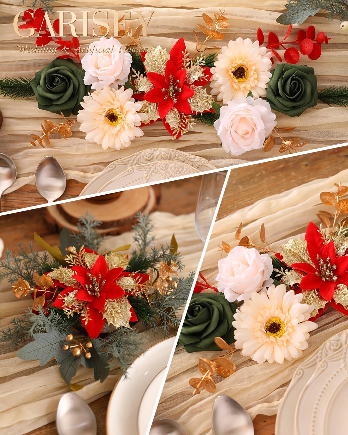 Christmas Artificial Flowers Poinsettia Flower Mix Silk Flowers Fake Roses with Stems for DIY Table Centerpieces Christmas Tree Xmas Wreath Holiday Home Party Decor
