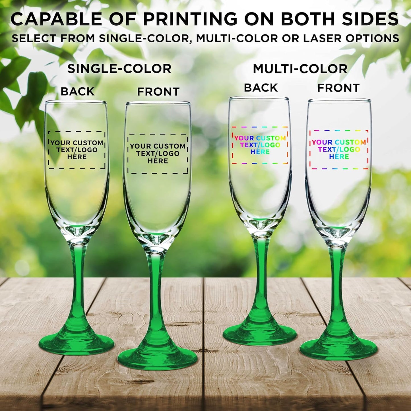 DISCOUNT PROMOS Custom Premiere Champagne Flutes 6.25 oz. Set of 100, Personalized Bulk Pack - Elegant Drinkware for Weddings, Events, & Promotional Gifts - Green