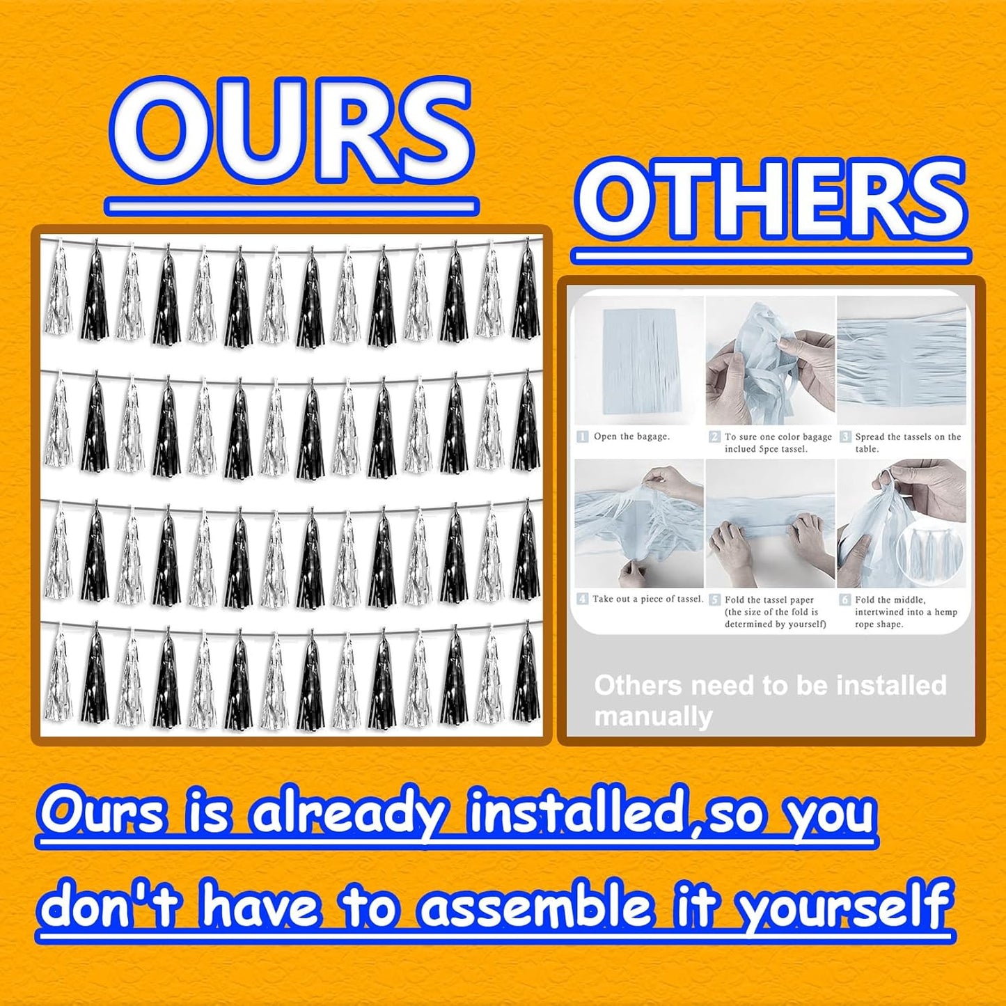 4P Black Silver Foil Fringe Metallic Tassel Streamers Banner Tassel Garland for Parade Floats, Graduation, Wedding, Birthday, Halloween, Christmas, Bridal/Baby Shower Party Decorations