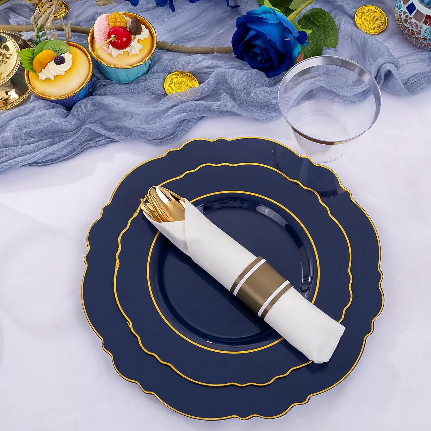 Liacere 350PCS Navy Blue Plastic Plates-Disposable Blue Gold Plates 50guest Plastic Dinnerware include 100Plates,50Pack Pre Rolled Napkins with Silverware 50Cups for Wedding&Halloween