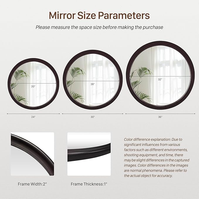 Round Wood Mirrors 30 Inch, Rustic Decorative Transitional Dark Walnut Wall - Image 6