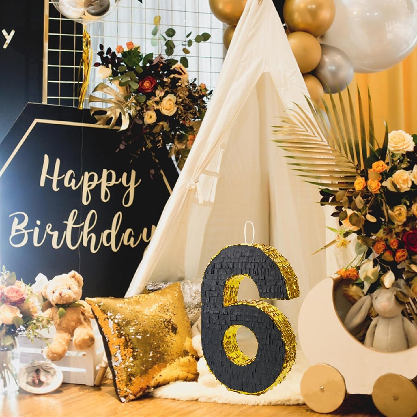 PCFING 20 Inch Number 6 Piñata Gold Black with 30 Inch Piñata Stick Blindfold Confetti for Man Women Boys Girls Birthday Party Decorations, Anniversary Celebration, Fiesta