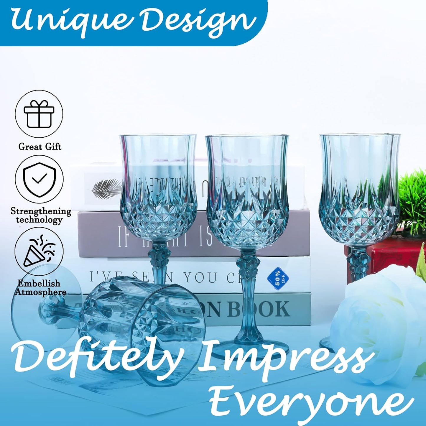 Plastic Wine Glasses,Plastic Goblets Vintage Style Cordial Drinking Glasses for Wedding Reception, Grand Event Party Supplies (48, Dusty Blue)