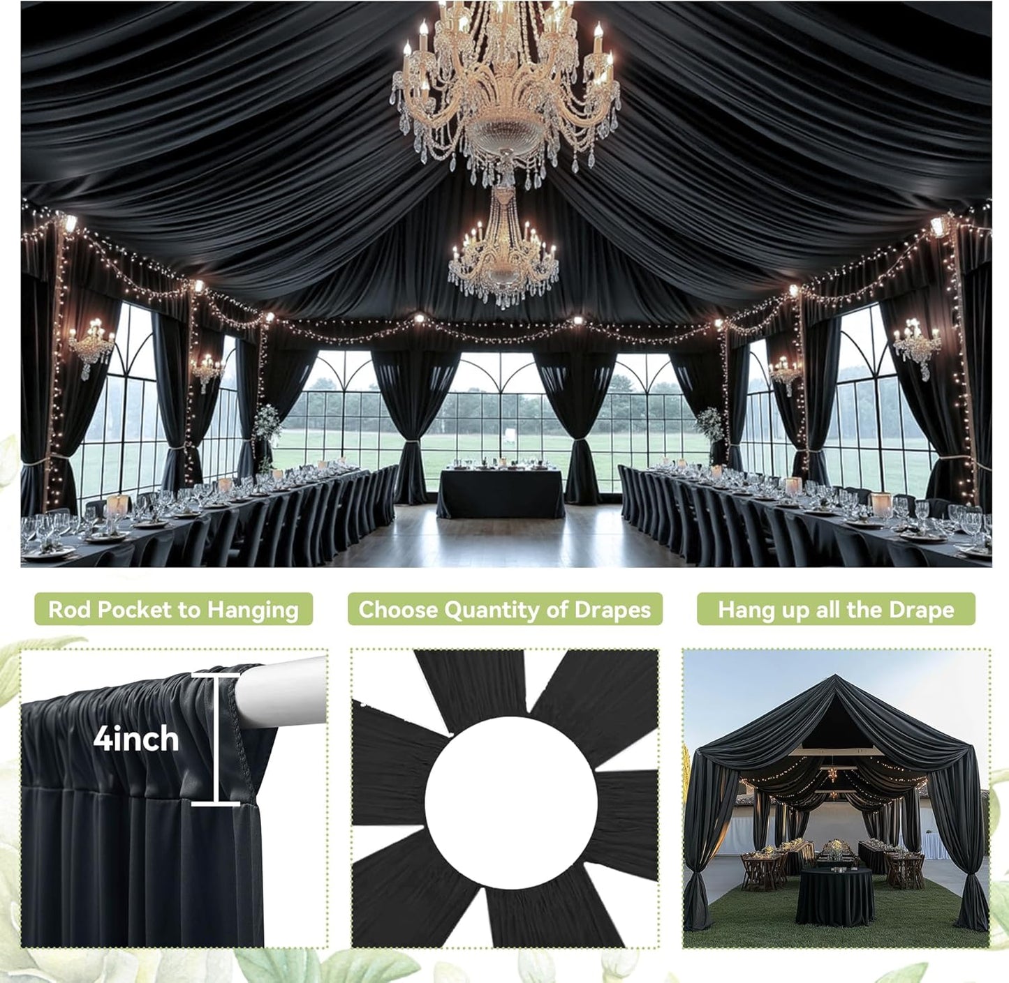 PartyVillage 4 Panels 5ftx30ft Black Ceiling Drapes for Halloween Parties â 30 FT Extra Long Thick Polyester Wrinkle-Free Drapery Tent Decor Decorations for Birthday Party Ceremony Stage Swag