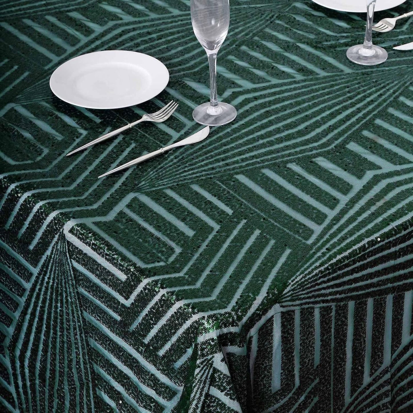 Efavormart 90"X132" Hunter Emerald Green Sparkly Sequin Geometric Tulle Rectangular Tablecloth