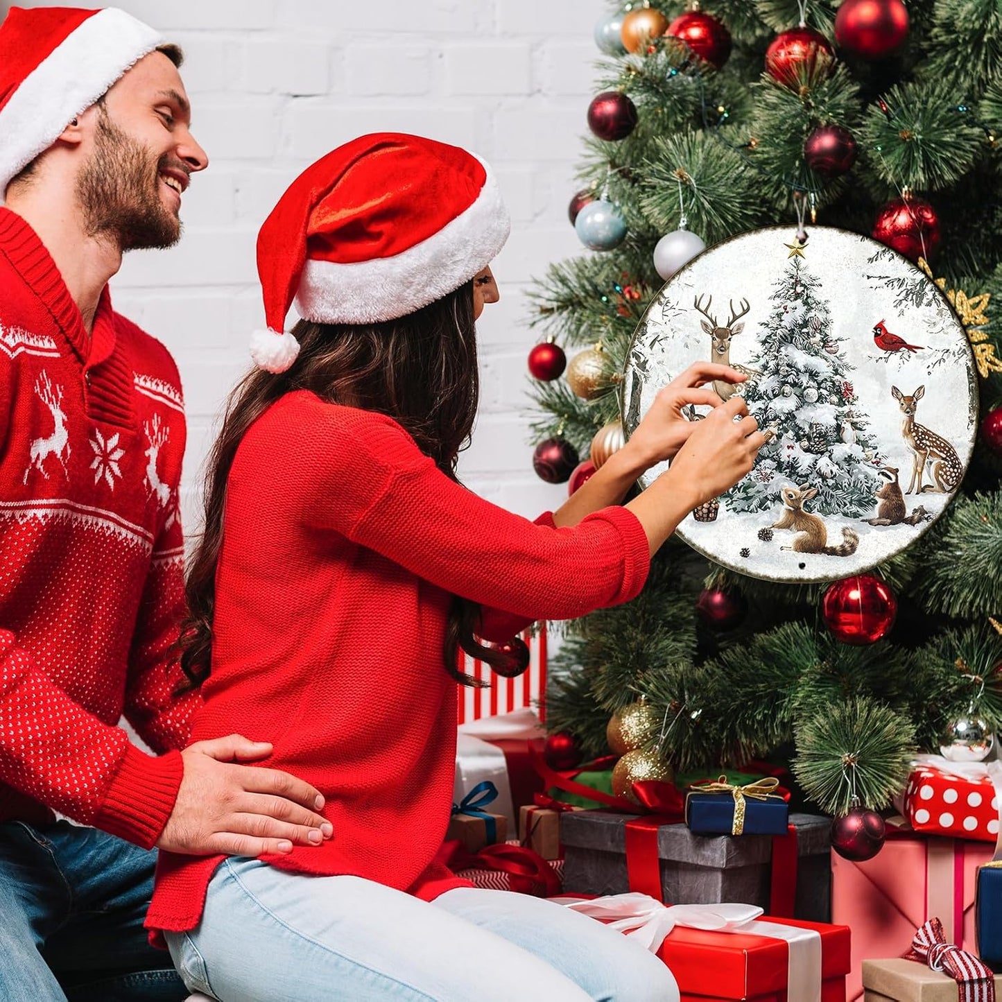 Round Christmas Snow Animals Metal Tin Sign - Vintage Christmas Tree & Winter Sign for Home & Outdoor Decorations - 12 * 12 in