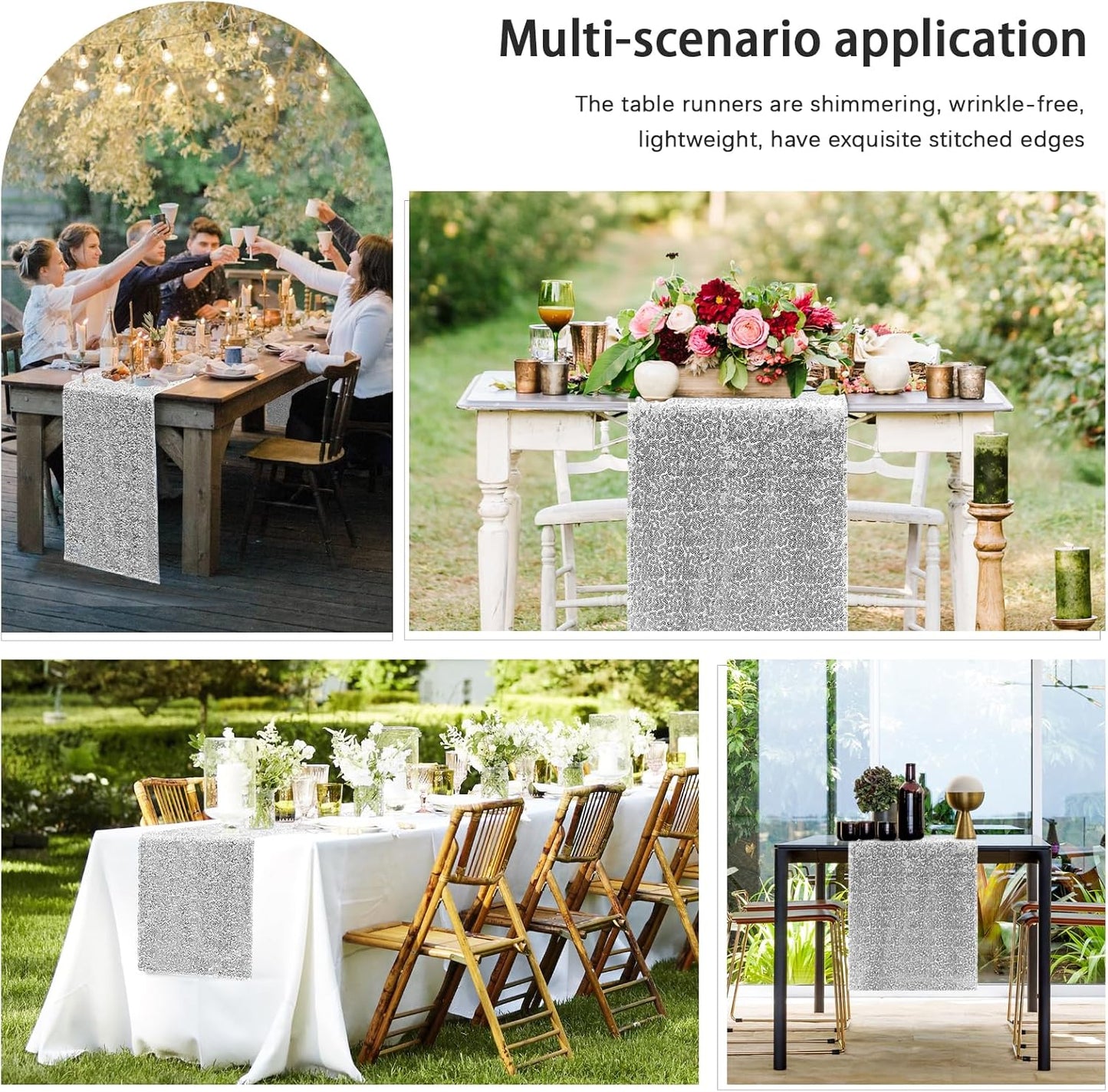 6 Packs 12 x 72 inches Sequin Table Runner, Silver Glitter Table Runner for Birthday Party Supplies Wedding Engagement Baby Shower Holiday Celebration Event Decorations