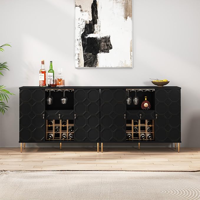 Modern Bar Cabinet with Drawer, Liquor Cabinet with Wine Glass Racks and Shelves - Image 8