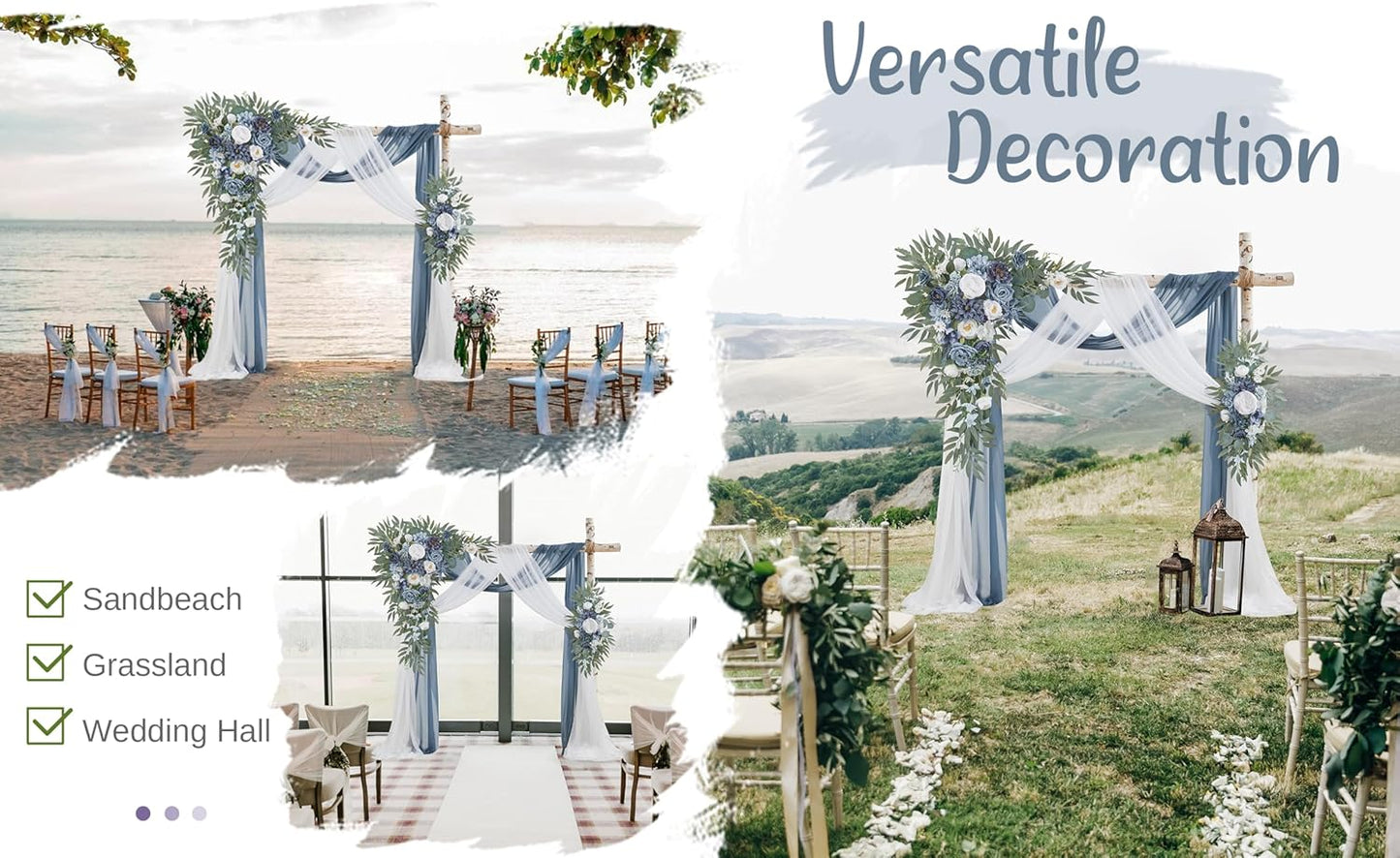 Wedding Arch Flowers with Drapes Kit (Pack of 4) - 2pcs Artificial Dusty Blue Deluxe Swag with 2pcs Sheer Drapes for Wedding Ceremony Arbor Reception Backdrop Rose Floral Decoration