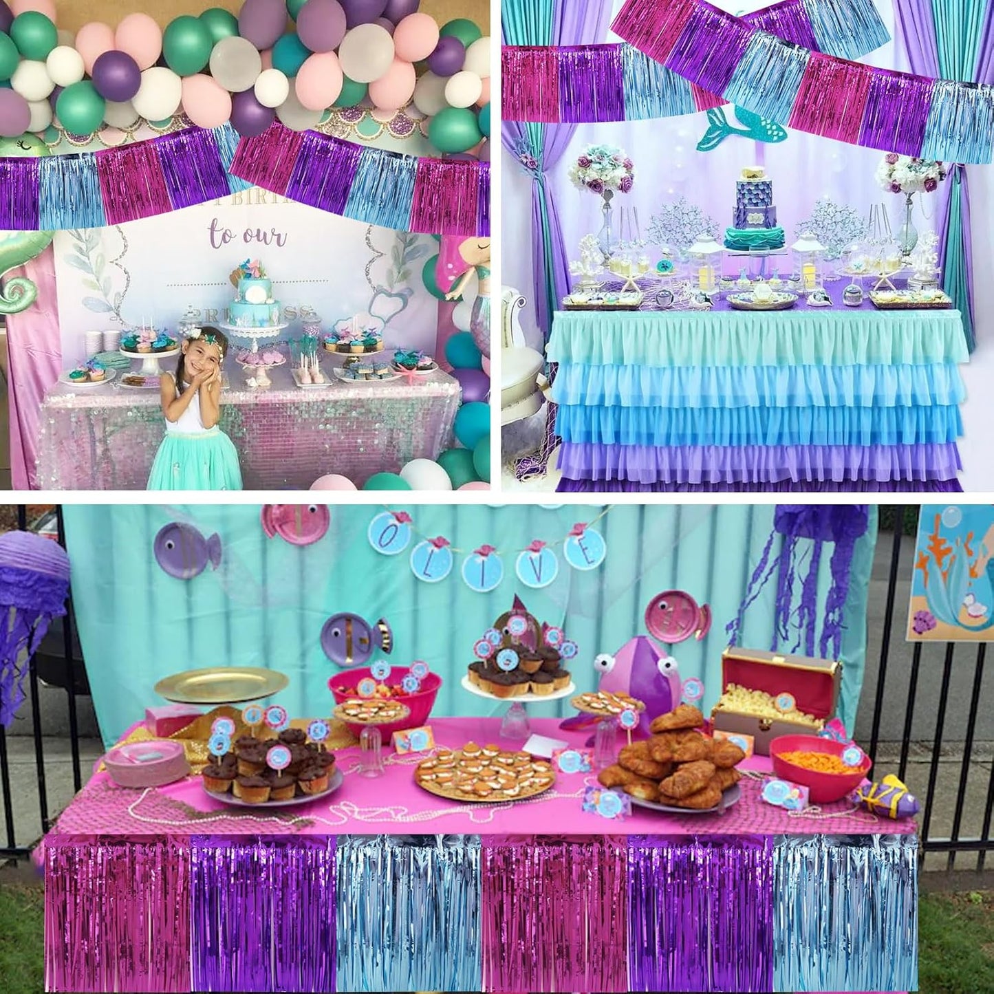 BEISHIDA 3 Packs Metallic Foil Fringe Garland Blue Purple Pink Wall Hanging Tinsel Fringe Banners for Car Floats Bridal Shower Wedding Birthday Easter Graduation Holiday Party Decoration(30 Feet)