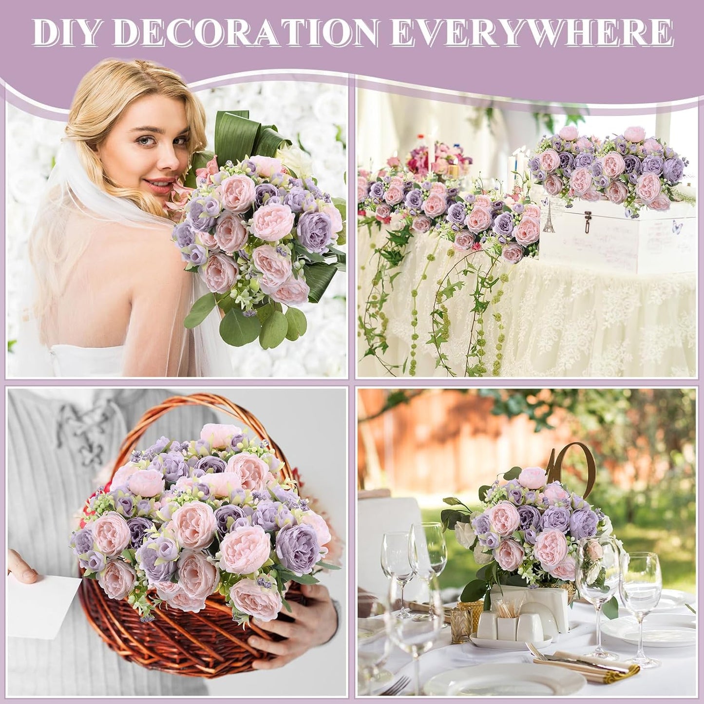 8 Bundles Artificial Peonies Flowers Boho Faux Flowers Arrangements Artificial Centerpiece Spring Bouquet Floral Wedding Decoration for Vase(Pink, Purple)