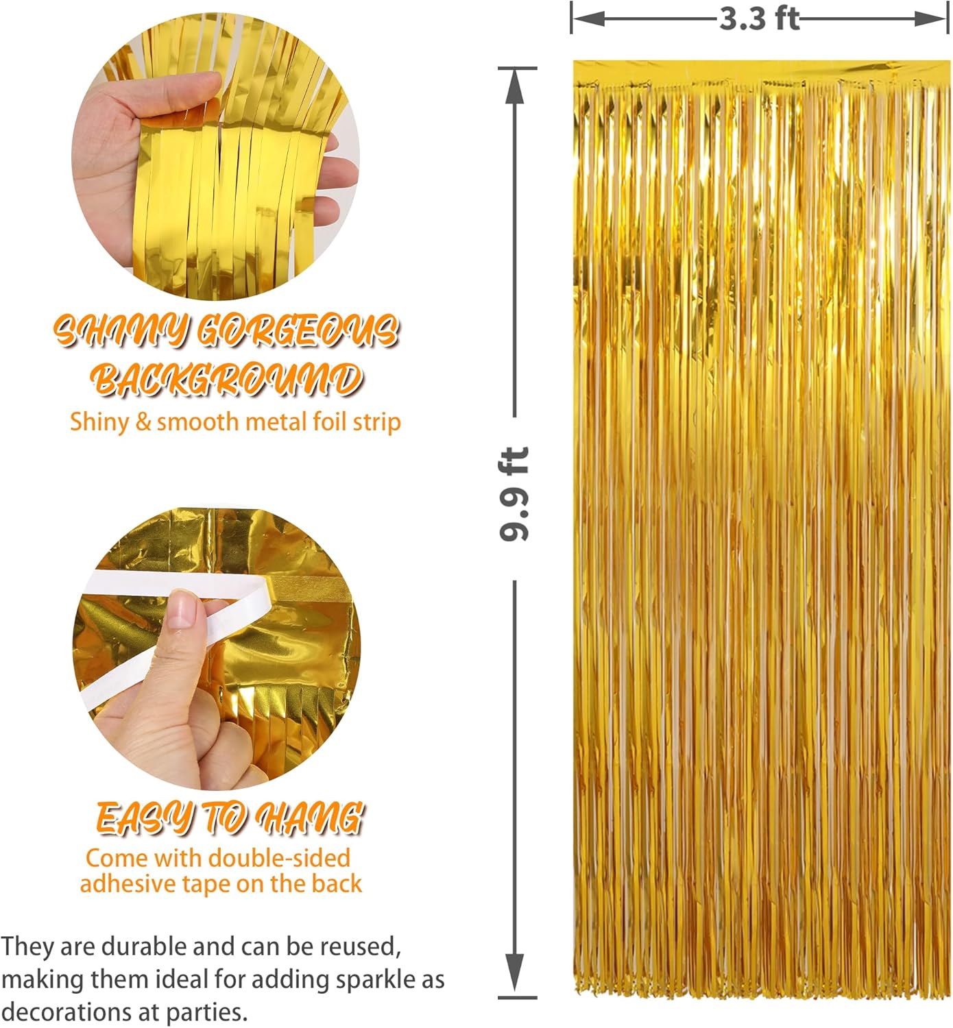 Crosize 3 Pack 3.3 x 9.9 ft Gold Foil Fringe Glitter Curtains Party Decorations, Tinsel Backdrop for Parties, Door Streamers for Birthday, Photo Booth Backdrops, Party Decor