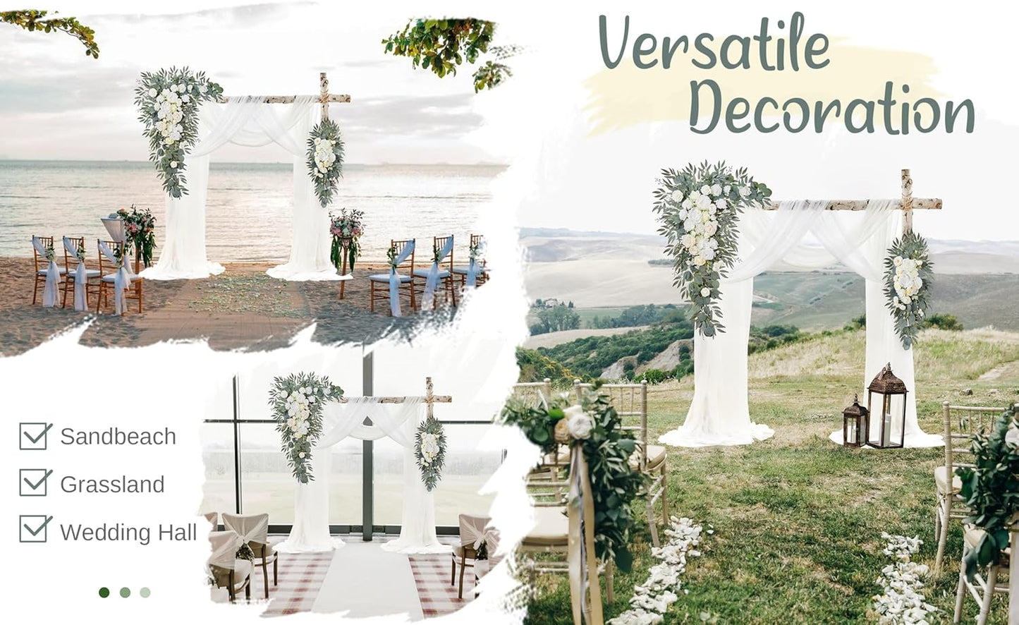 Wedding Arch Flowers with Drapes Kit (Pack of 4) - 2pcs Artificial Ivory & White Deluxe Swag with 2pcs Sheer Drapes for Wedding Ceremony Arbor Reception Backdrop Rose Floral Decoration