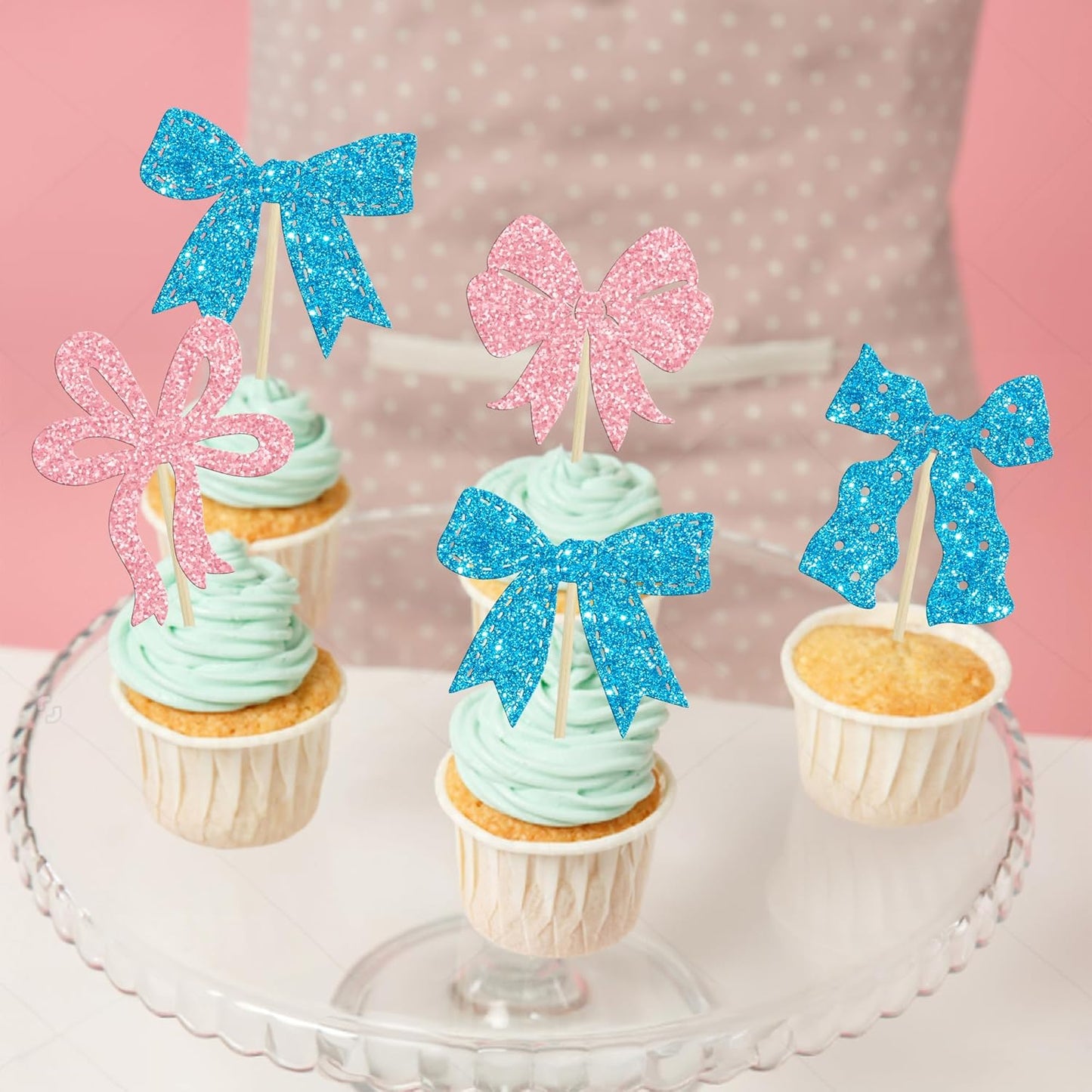 Ephlyn 24Pcs Pink Bow Cupcake Toppers Bow Birthday Cake Topper Girls Birthday Party Decorations Bowknot Cupcake Decorations for Bridal Baby Shower Birthday Wedding Themed Party Pink Blue