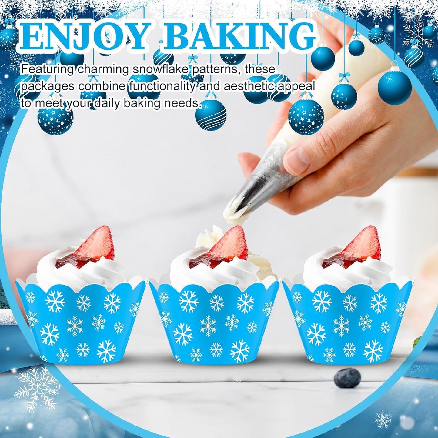 Domensi 100 Pcs Snowflake Cupcake Wrappers Blue Cupcake Liners Christmas Blue Snowflake Baking Cups Baking Liners for Winter Xmas Wedding Bridal Baby Shower Birthday Party Supplies Dessert Decoration