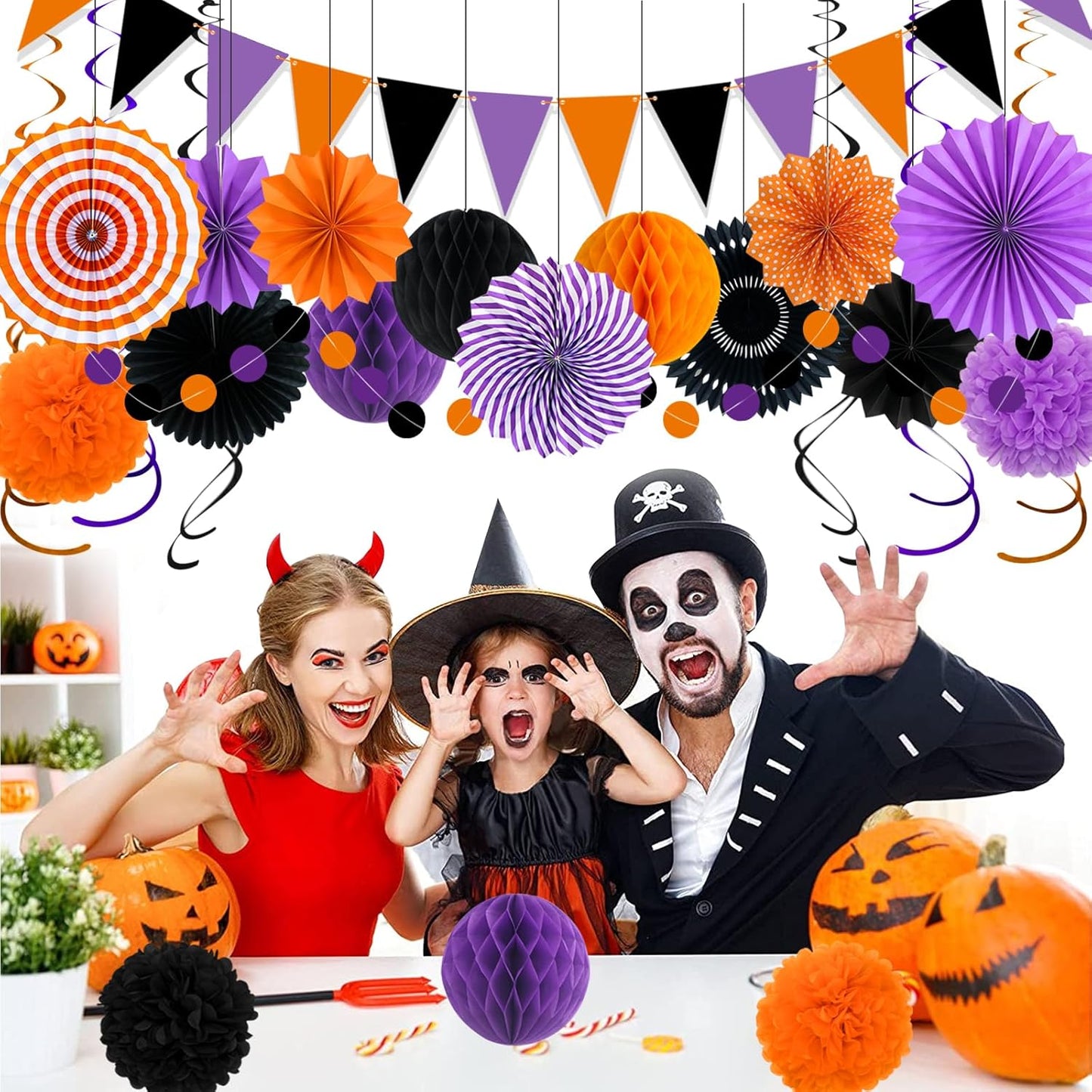 Halloween Party Decorations Paper Fans, Graduation Season Hanging Glitter Triangle Flags Banner Hanging Paper Fan Happy Birthday Banners and Triangular Flag, Bridal Shower,Purple Themed Birthday