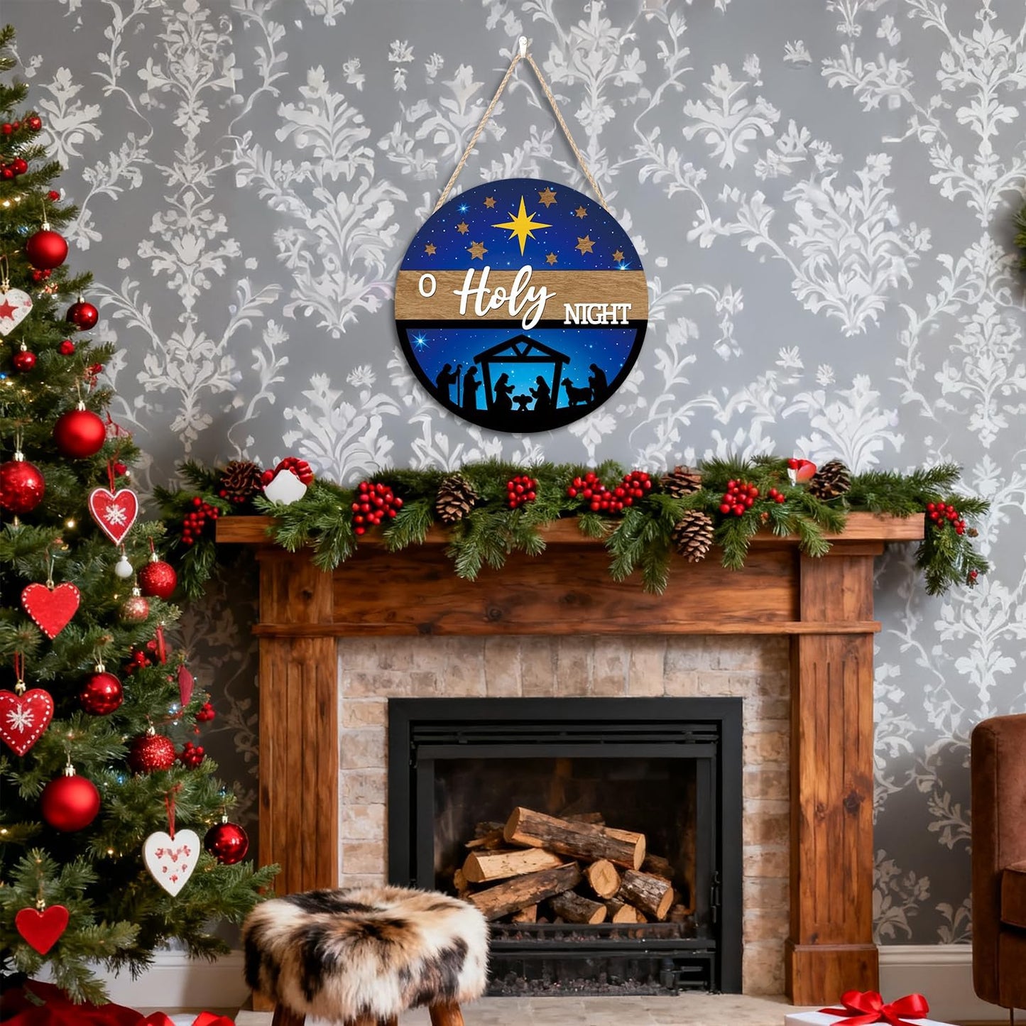 CHDITB 3D O Holy Night Jesus Christmas Front Door Sign(12"x12"), Wooden Nativity Scene Christian Decoration Wall Hanging, Rustic Religious Winter Holiday Decor for Home Indoor Outdoor