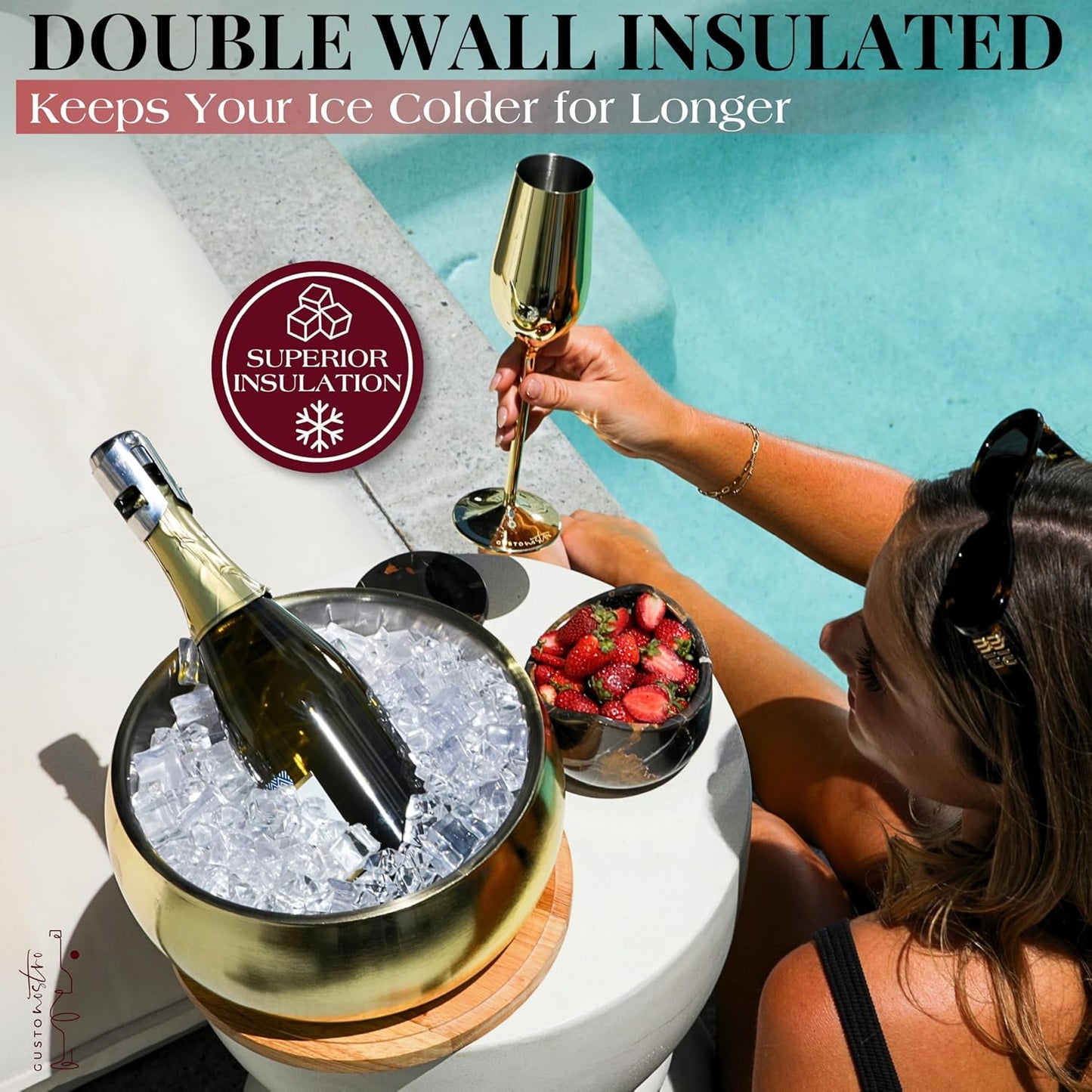 Gusto Nostro 4.1L Insulated Ice Bucket with Lid and Tongs, Double Wall Stainless Steel Ice Bucket Large, BPA Free Ice Bucket for Cocktail Bar, Keeps Champagne, Wine, Beer Chill for Parties (Gold)