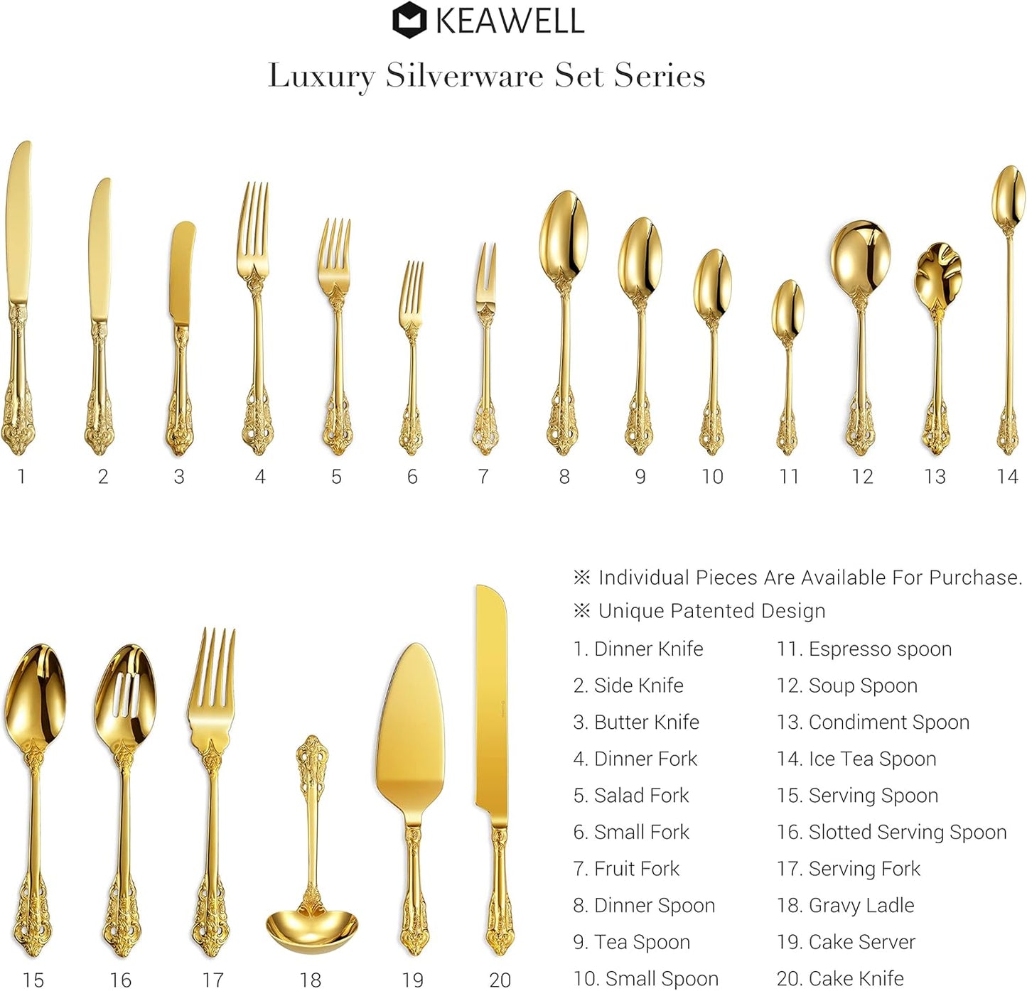 KEAWELL Luxury 6.3" Teaspoons, 18/10 Stainless Steel, Gorgeous Small Spoons, Stirring, Mixing, Sugar, Cake, Dessert Spoons, Mini Antipasto spoons (Gold)