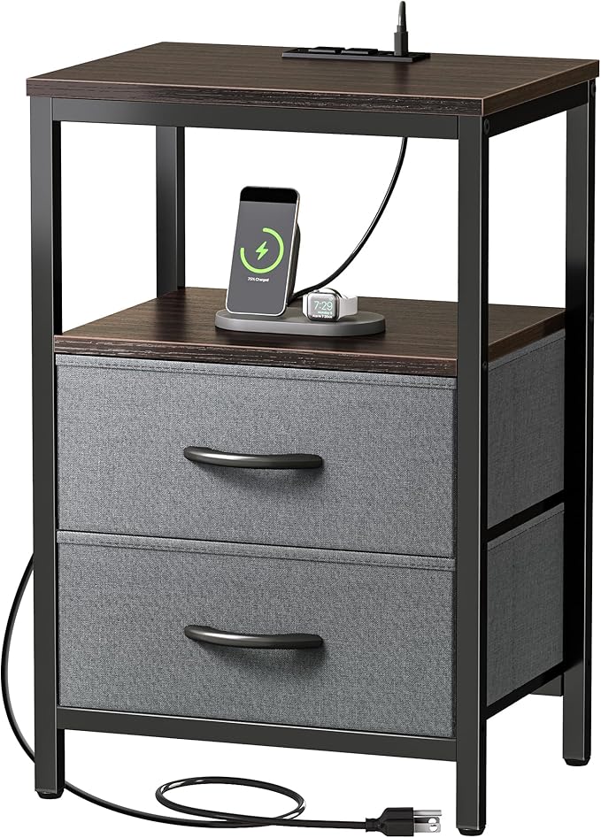 Huuger Nightstand with Charging Station, Fabric Drawers, End Table with Open - Image 9