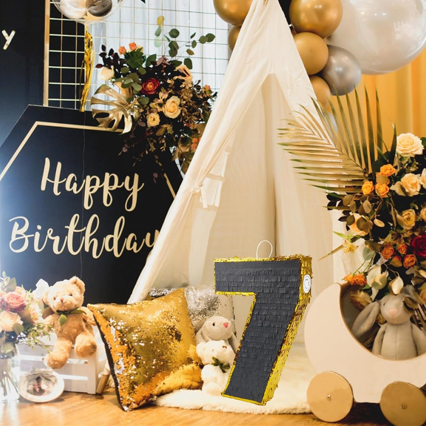 PCFING 20 Inch Number 7 Piñata Gold Black with 30 Inch Piñata Stick Blindfold Confetti for Man Women Boys Girls Birthday Party Decorations, Anniversary Celebration, Fiesta