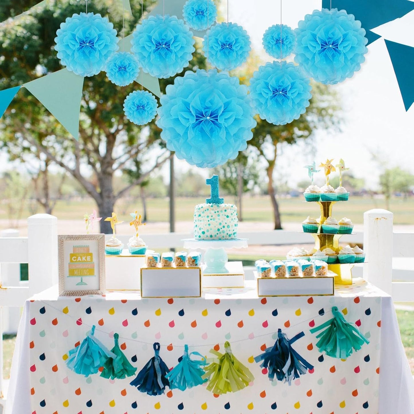 Tissue Paper Pom Poms, Blue Tissue Paper Flowers, Hanging Flower Balls for Weddings Fiesta Parties Birthday Baby Showers Classroom Bridal Shower Decoration (20Piece Set-6/10/12/14Inch)