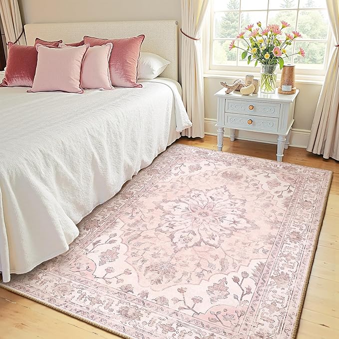 RELEANY Area Rugs 4'x6' Washable Non-Slip, Floral Vintage Distress Print - Image 2