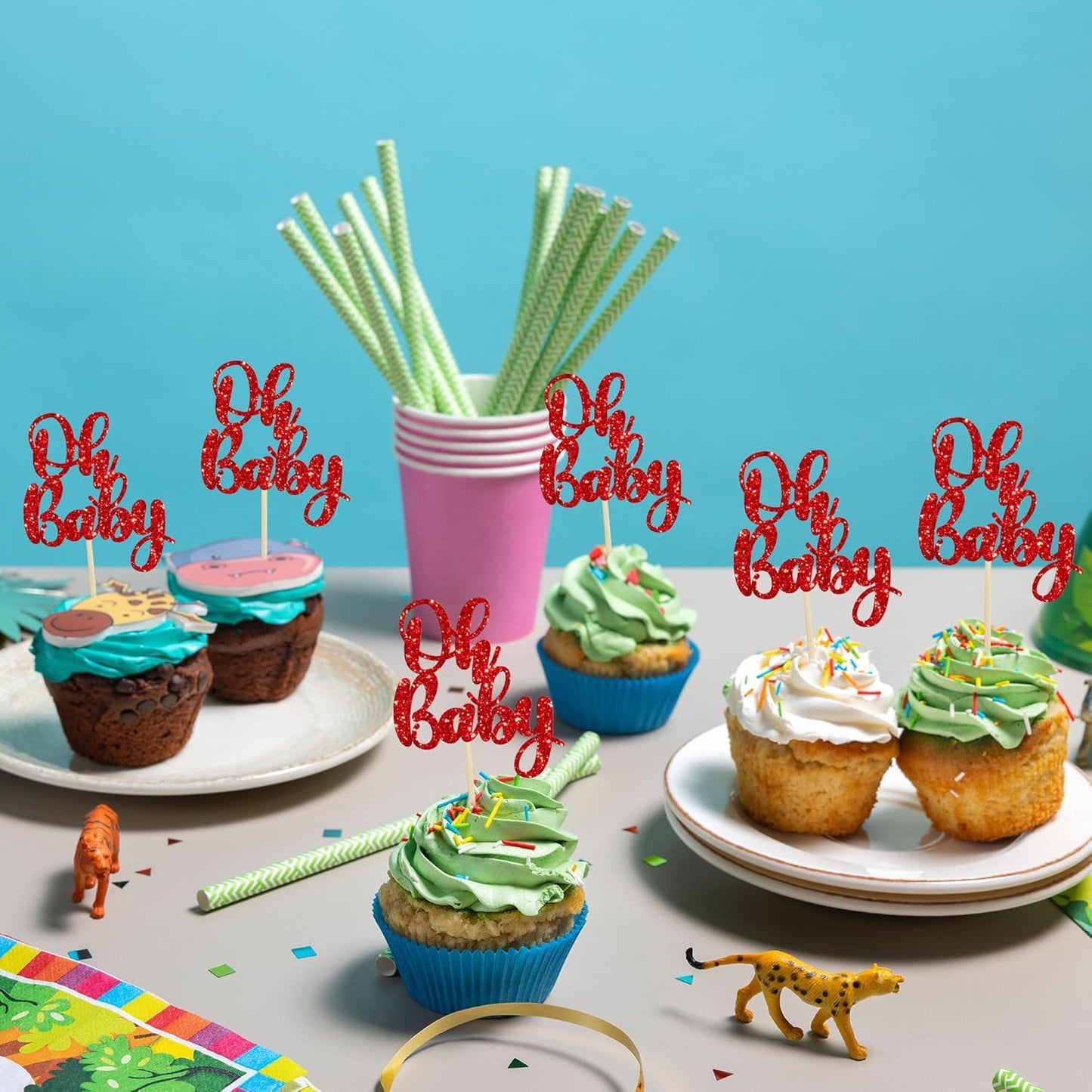 Gyufise 36Pcs Oh Baby Cupcake Toppers Glitter Baby Shower Cupcake Picks for Gender Reveal Baby Shower Kids Boys Girls Birthday Party Cake Decorations Supplies Red
