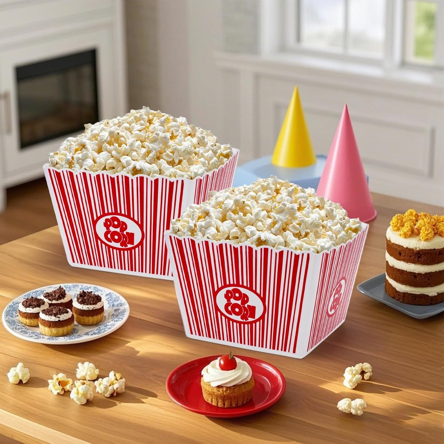 Hedume 6 Pack Popcorn Containers, Plastic Movie Theater Style Popcorn Container Set, Red & White Striped Classic Popcorn Boxes for Movie Night, Reusable (Square, 9" x 9" x 6")