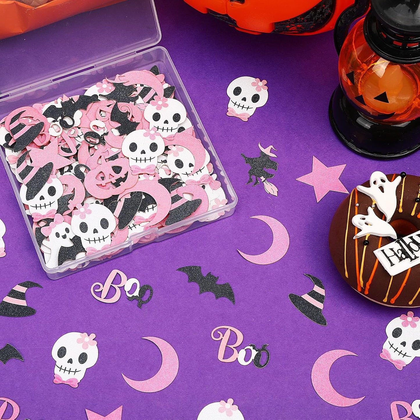 MARFOREVER Pink Halloween Confetti Glitter, Halloween BOO Witch Bat Pumpkin Ghost SkeletonTable Scatter Confetti Sprinkles for Halloween Birthday Party Supplies Decorations