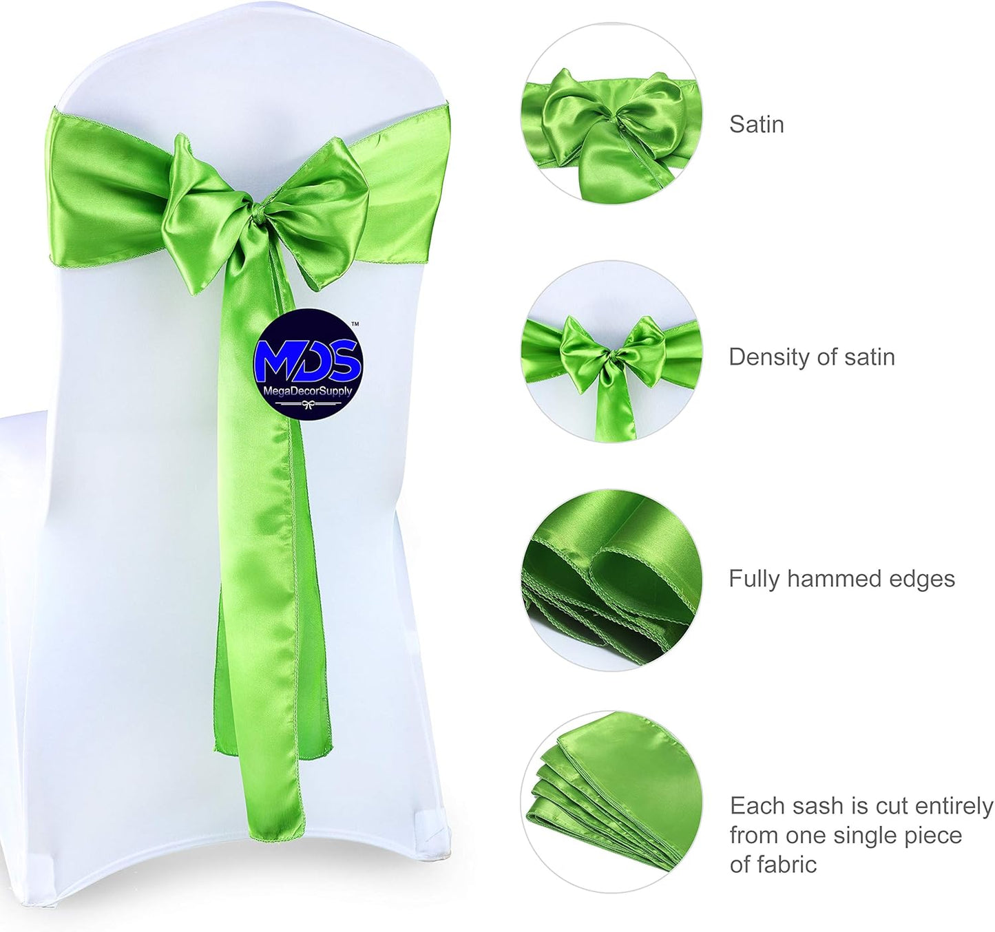 MDS Pack of 25 PCS Satin Chair Sashes Charmeuse Sateen Dining Chair Bows Ribbon Ties Back Sash for Wedding Party Birthday Home Hotel Restaurant Banquet Decoration (7 x 108 Inch, Parrot Green)