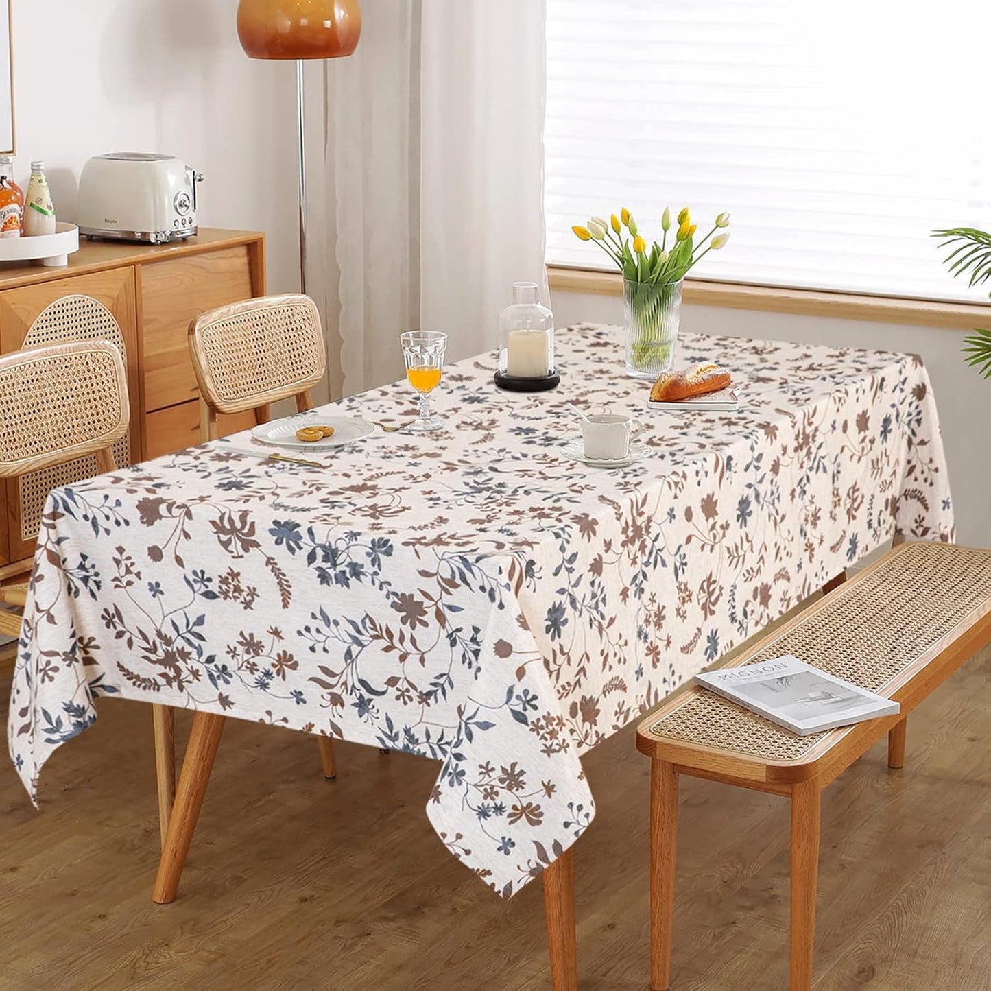 MYSKY HOME Rustic Tablecloth Classic Brown Leaves Printed Linen Fabric Table Cover Waterproof Fabric Tablecloth Farmhouse Decoration 60x84 Inches Rectangle/Oblong for Kitchen Dining and Outdoor Use