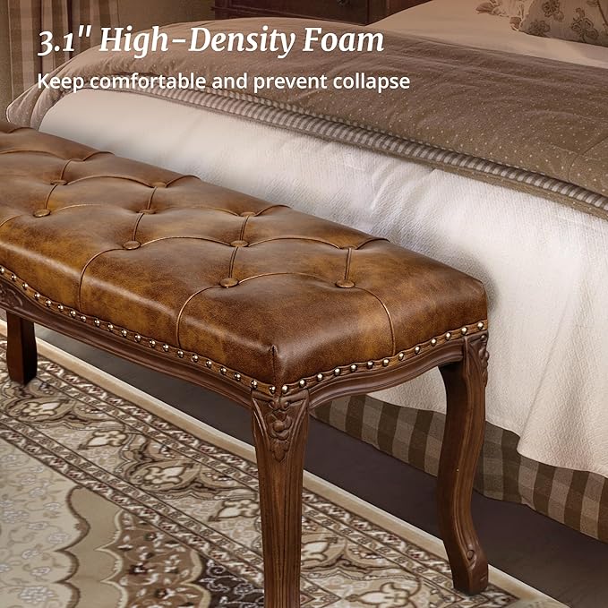 Cozyman Bedroom Bench, French Vintage Tufted Leather Bench, 45.2" Carving - Image 8