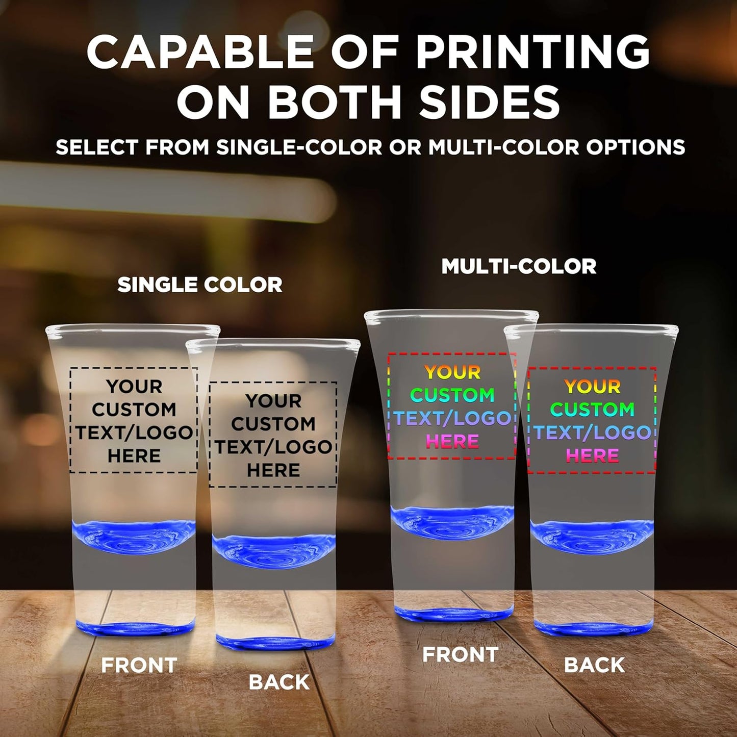 Custom 2 oz. Lord Shooter Etched Shot Glasses, 50 pack, Personalized Text, Logo, 21st Birthday Party, Lounge Glassware, Blue