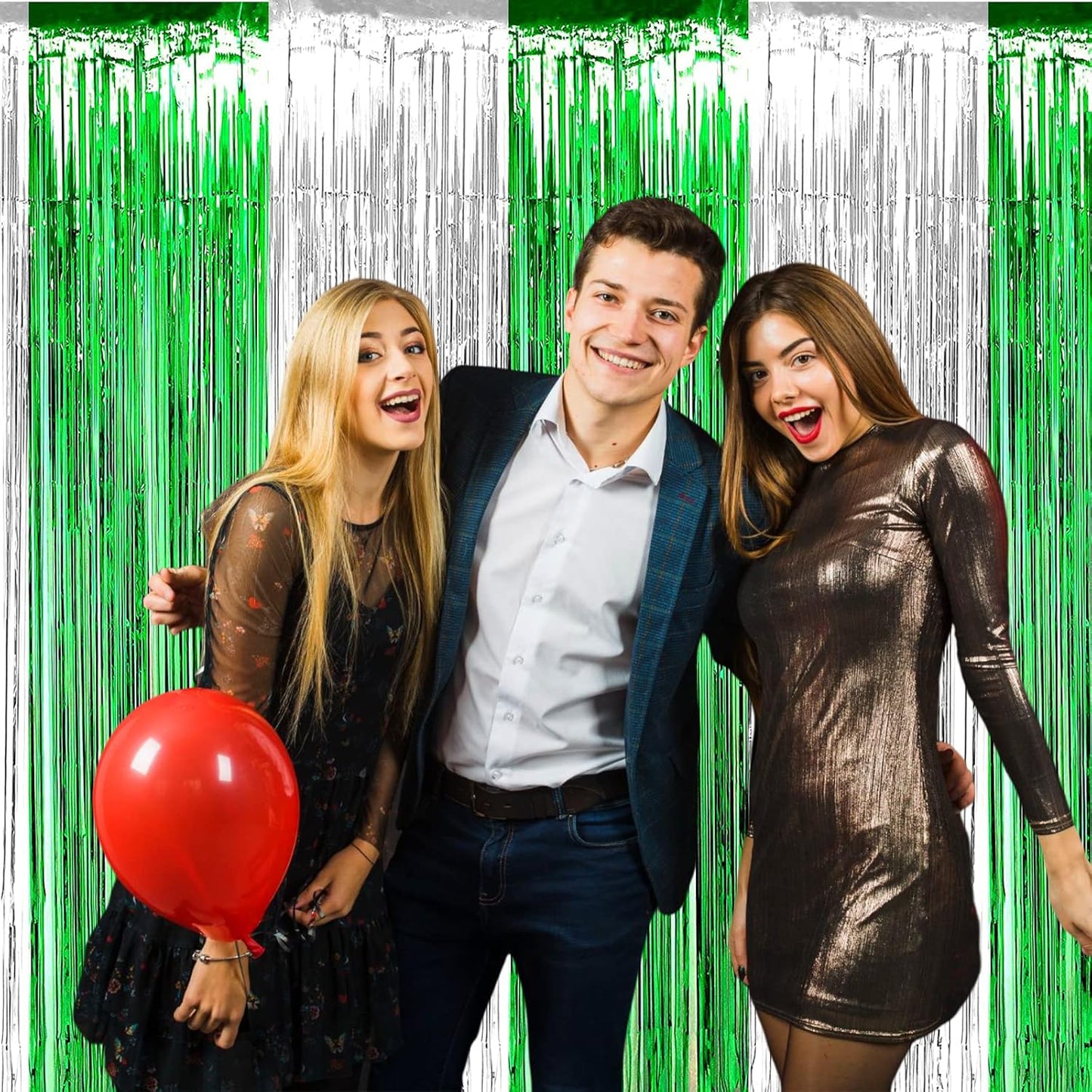 4 Pack Silver Green Foil Fringe Curtain Backdrop, 3.28Ft x 9.8Ft Metallic Tinsel Foil Fringe Streamers Curtains for Photo Booth, Wedding, Mardi Gras, Birthday Carnival St Patrick Day Party Decoration