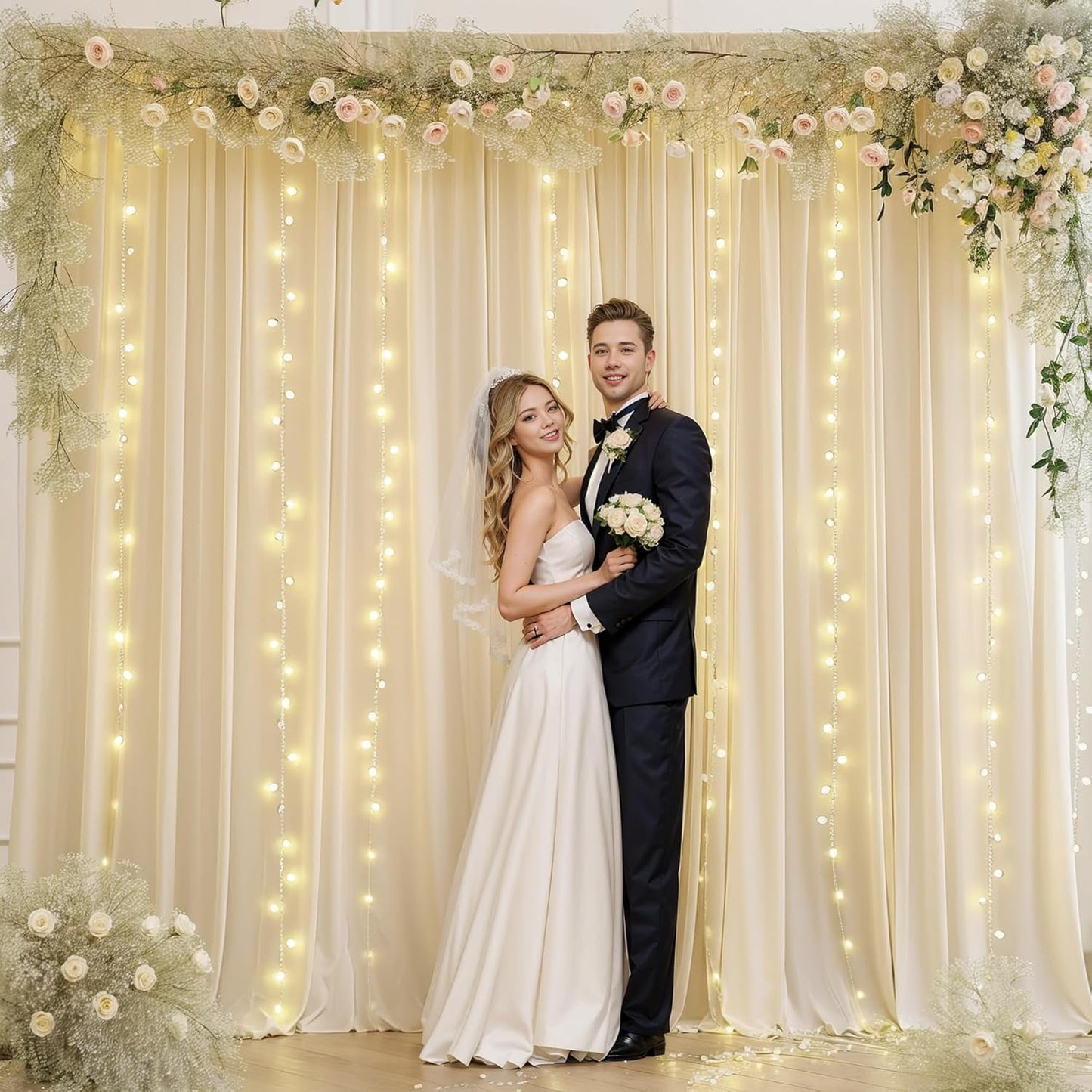 Beige Backdrop Curtains with Lights String for Parties,10x10FT Wrinkle Free Polyester Wedding Photo Backdrop Curtains for Baby Shower Birthday Ceremony Reception Home Party Decorations