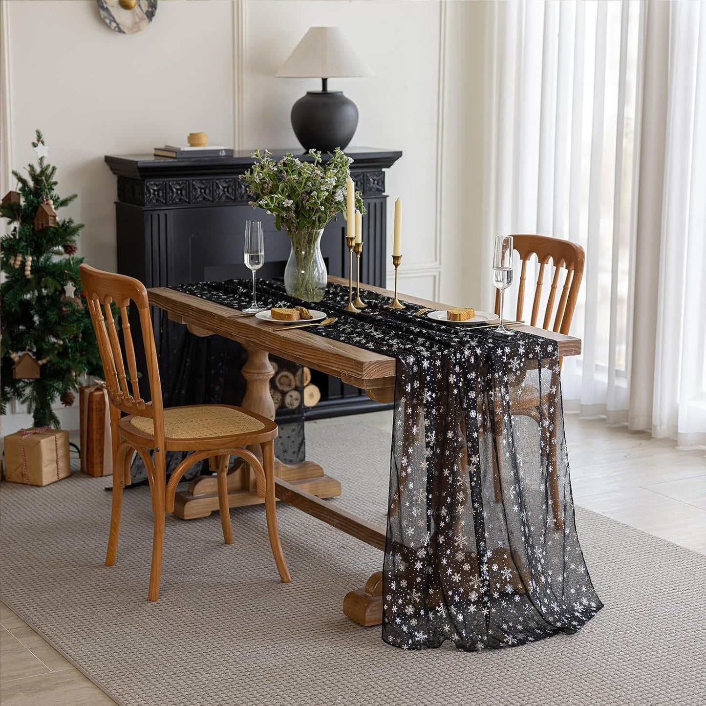 Silvery Snowflake Metallic Print Tulle Christmas Table Runner, Seasonal Winter Kitchen Dining Table Decoration for Home Party Decor 35x120 Inch (Black)