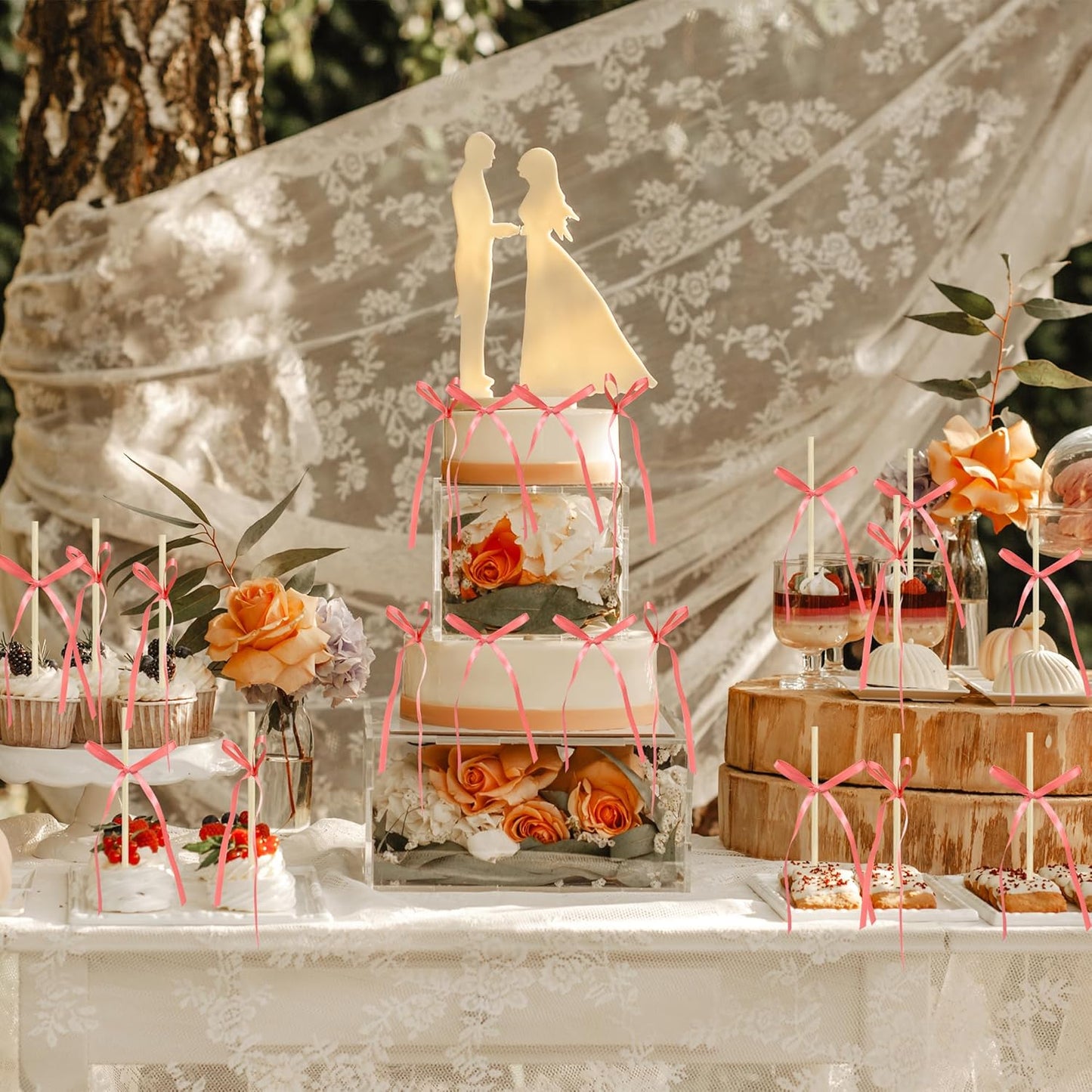 Ephlyn 30Pcs Bow Cupcake Toppers Valentine's Bowknot Ribbons Coquette Bow High Footed Cup Balloon Wall Party Decorations Cake Dessert Picks Baby Girl Birthday Wedding Party Supplies Peach Pink