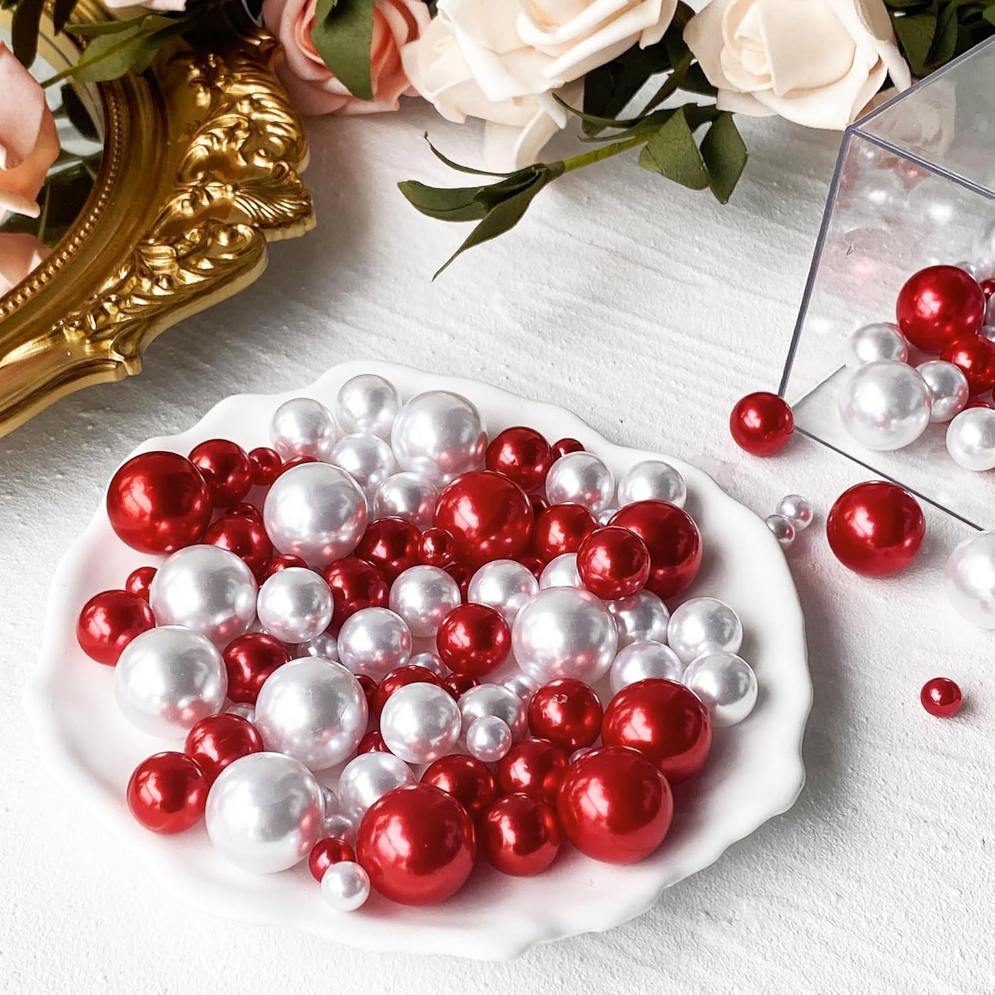 150Pcs Red&White Polished No Hole Pearl Beads Vase Filler, Christmas Vase Filling Decorations, Plastic Pearls, Table Scatters, Wedding Home Decor, 8/14/20 mm