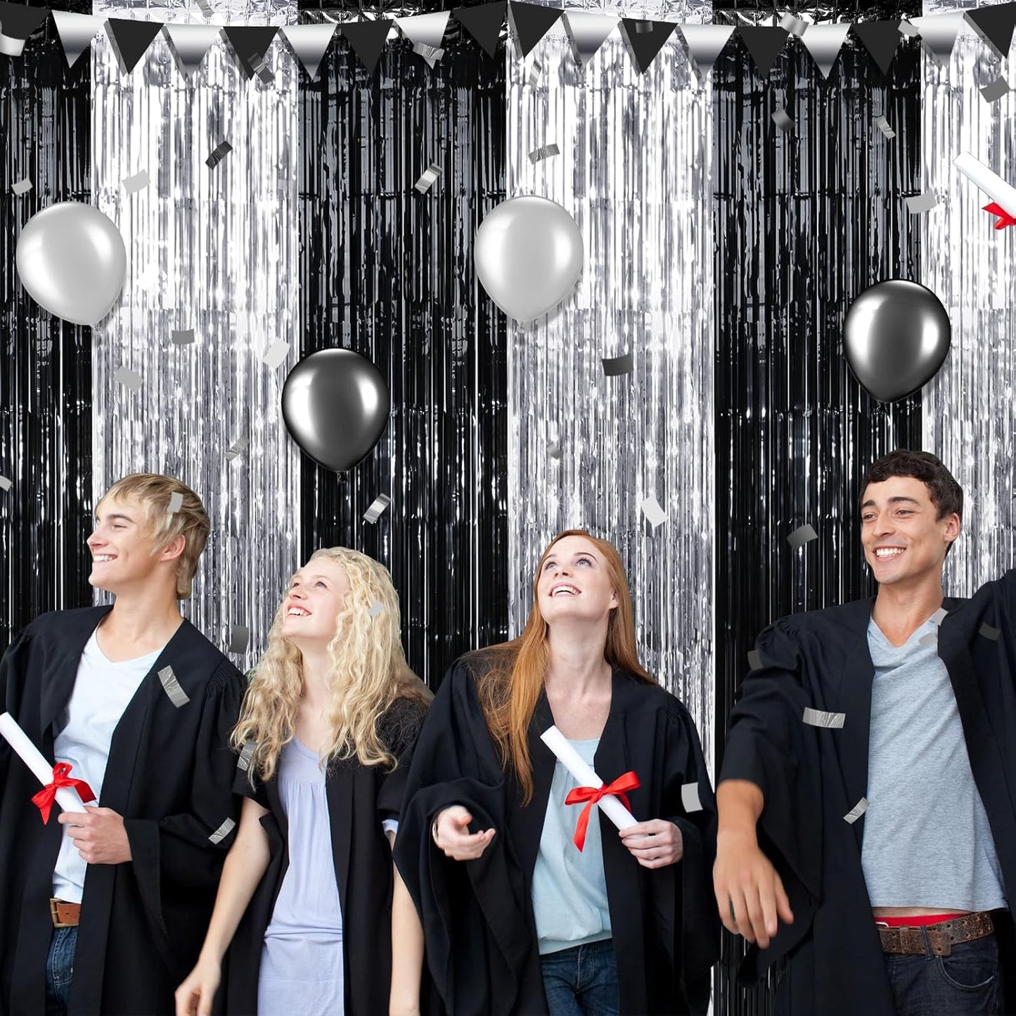 3 Pack 3.3Ft x 6.6Ft Graduation Foil Fringe Curtain Backdrop Decorations, Black Silver Metallic Tinsel Foil Streamers Curtain Photo Background for Graduation Prom Wedding Birthday Party Decorations