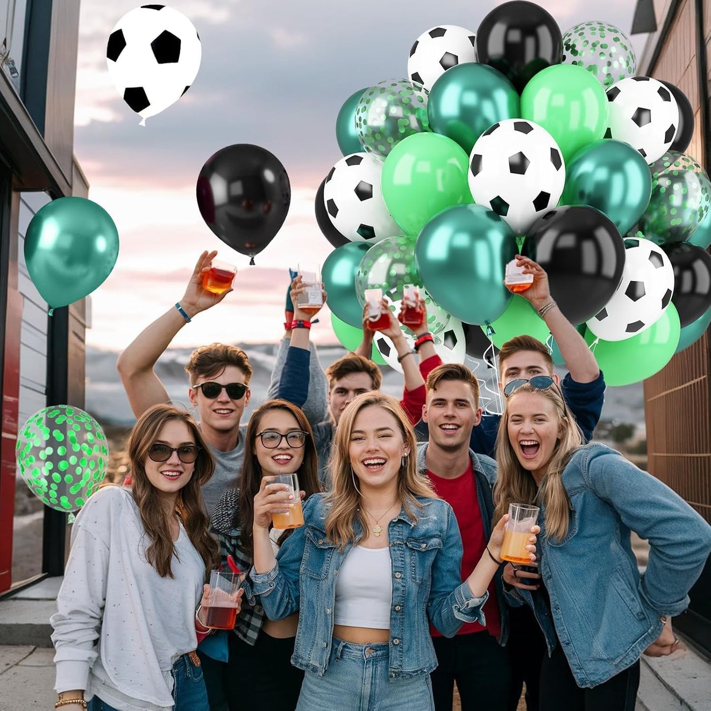 Metallic Chrome Soccer Balloons - 52 PCS 12 Inch Dark Green, Light Green, Black with Soccer Print, Confetti for Sports Theme Party Decorations