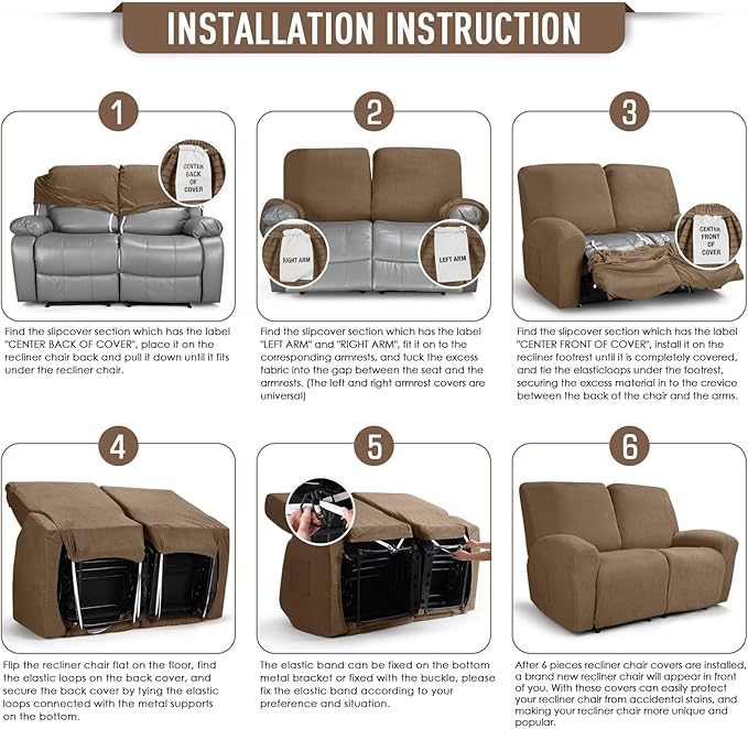 TAOCOCO Recliner Loveseat Slipcover, 6 Pieces Dual Recliner Sofa Covers - Image 6