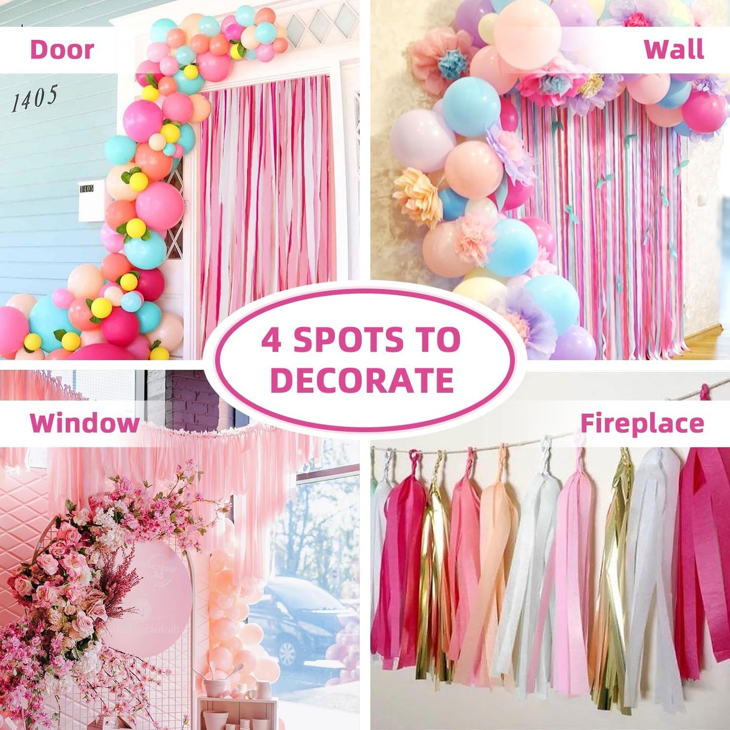 Crepe Paper Streamers 8 Rolls 656ft, Pack of Red, Hot Pink, Peach and White Party Streamers for Bachelorette Girl Birthday Party Baby Shower Reunion Wedding Decorations (1.8Inch x 82Ft/Roll)