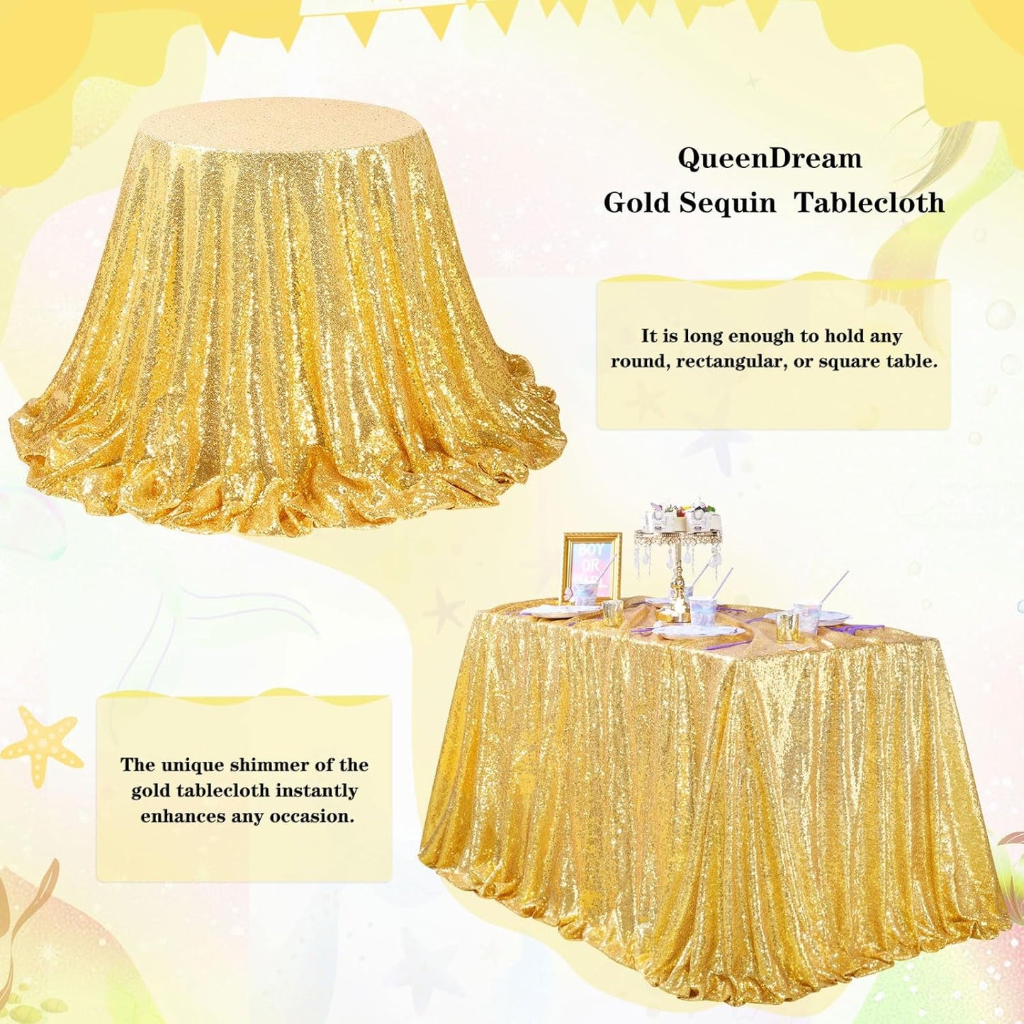 QueenDream Sequin Tablecloth - Gold Tablecloth 50x80 Inch Glitter Table Cloth Sequin Party Fabric for Birthday Birdal Baby Shower Wedding