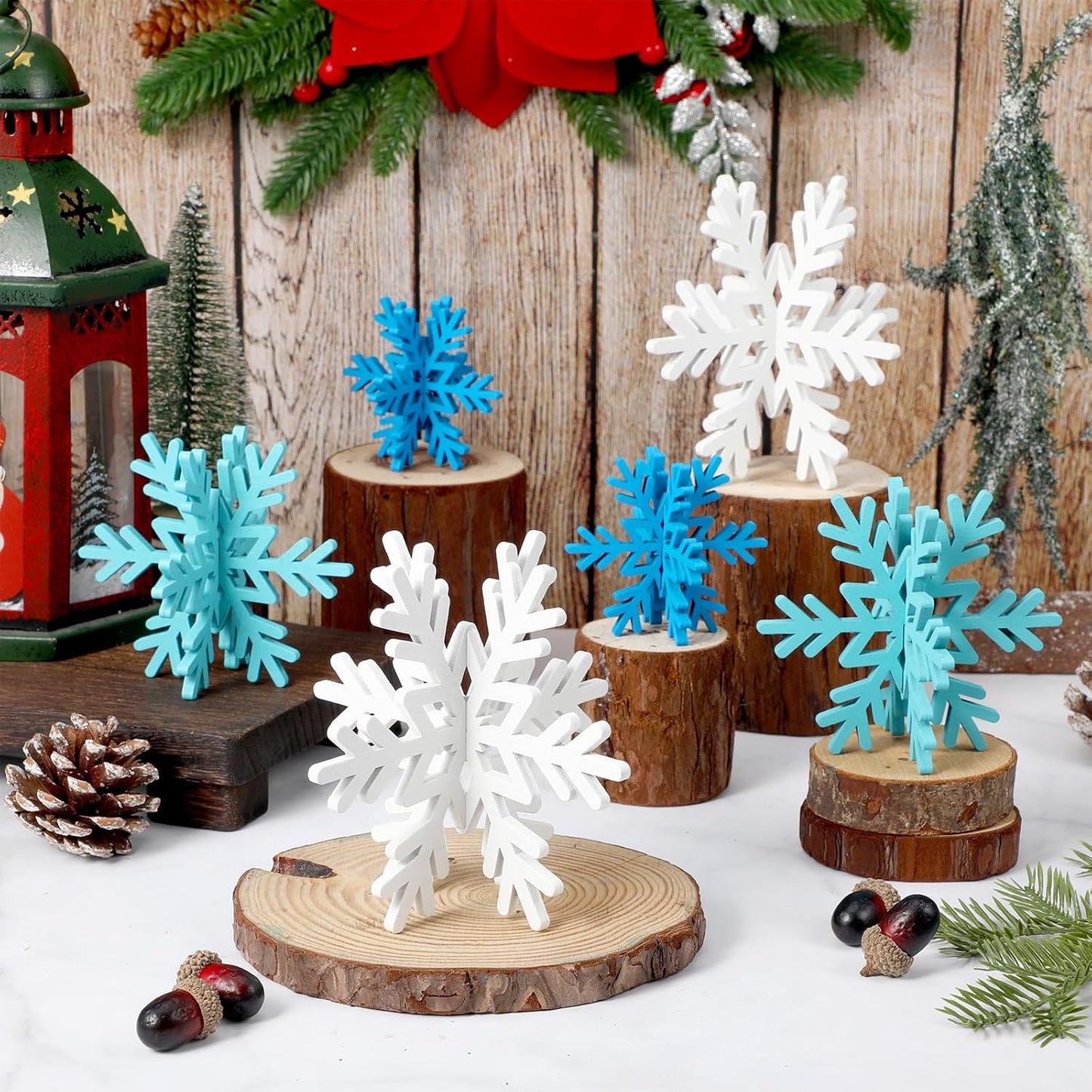 Bucherry 12 Pcs Wooden Snowflake Table Decor 3D Snowflake Tabletop Signs and Centerpiece for Christmas Xmas Winter Wonderland Decorations Home Party(White, Dark Blue, Light Blue)